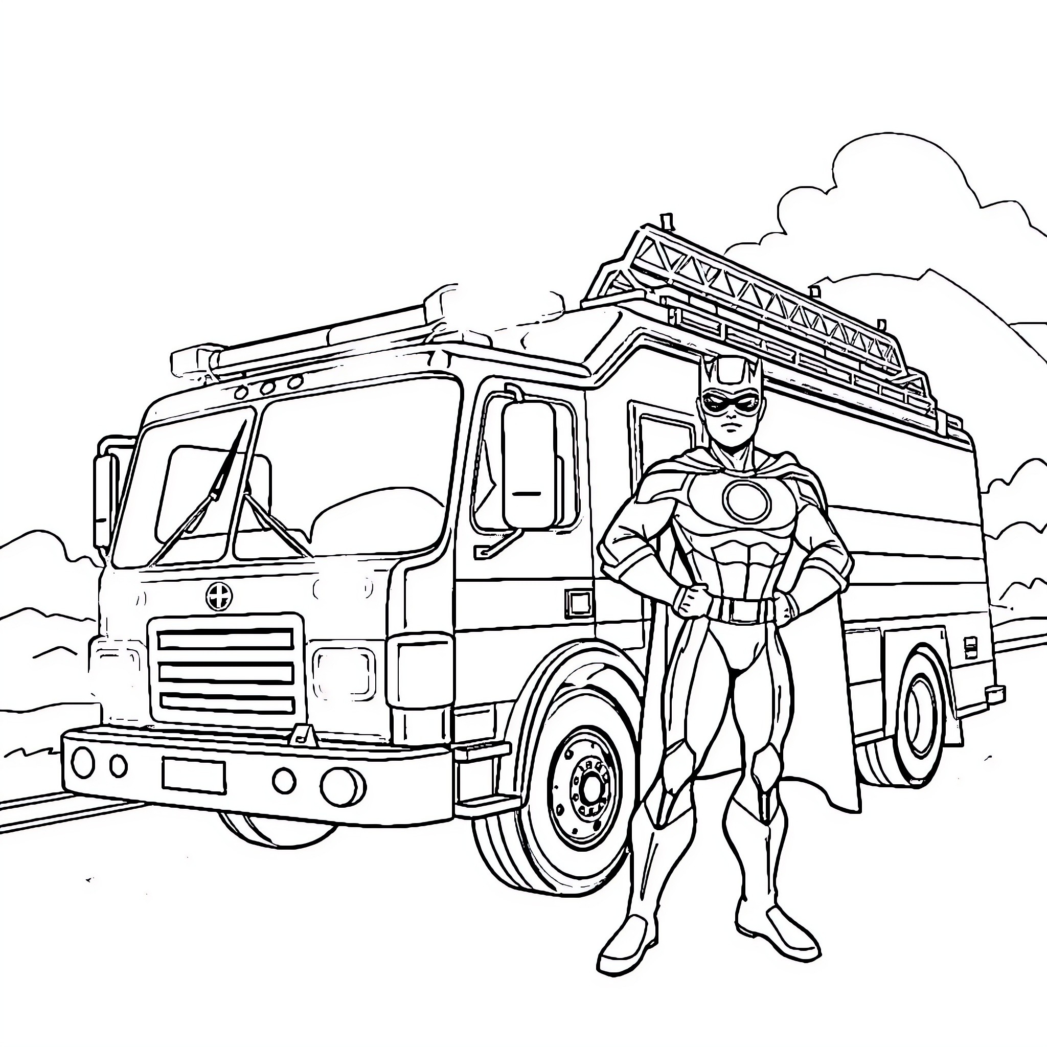 Fire Truck with Superhero Firefighter Coloring Page (free black-and-white line drawing printable PDF for all, from beginners to advanced learners, including children, teens, adults, and seniors)