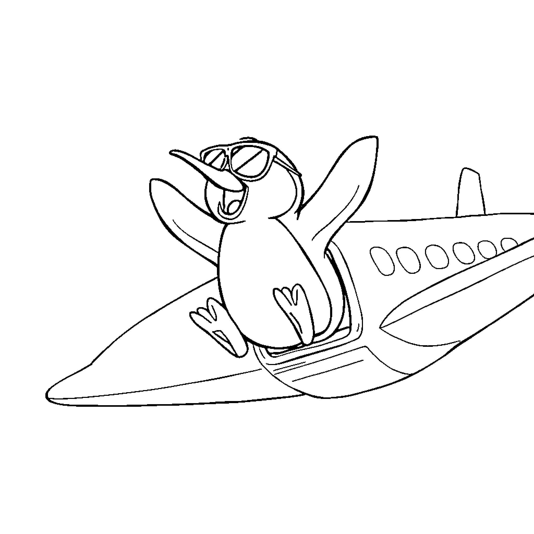 Penguin boarding an airplane Coloring Page (free black-and-white line drawing printable PDF for all, from beginners to advanced learners, including children, teens, adults, and seniors)