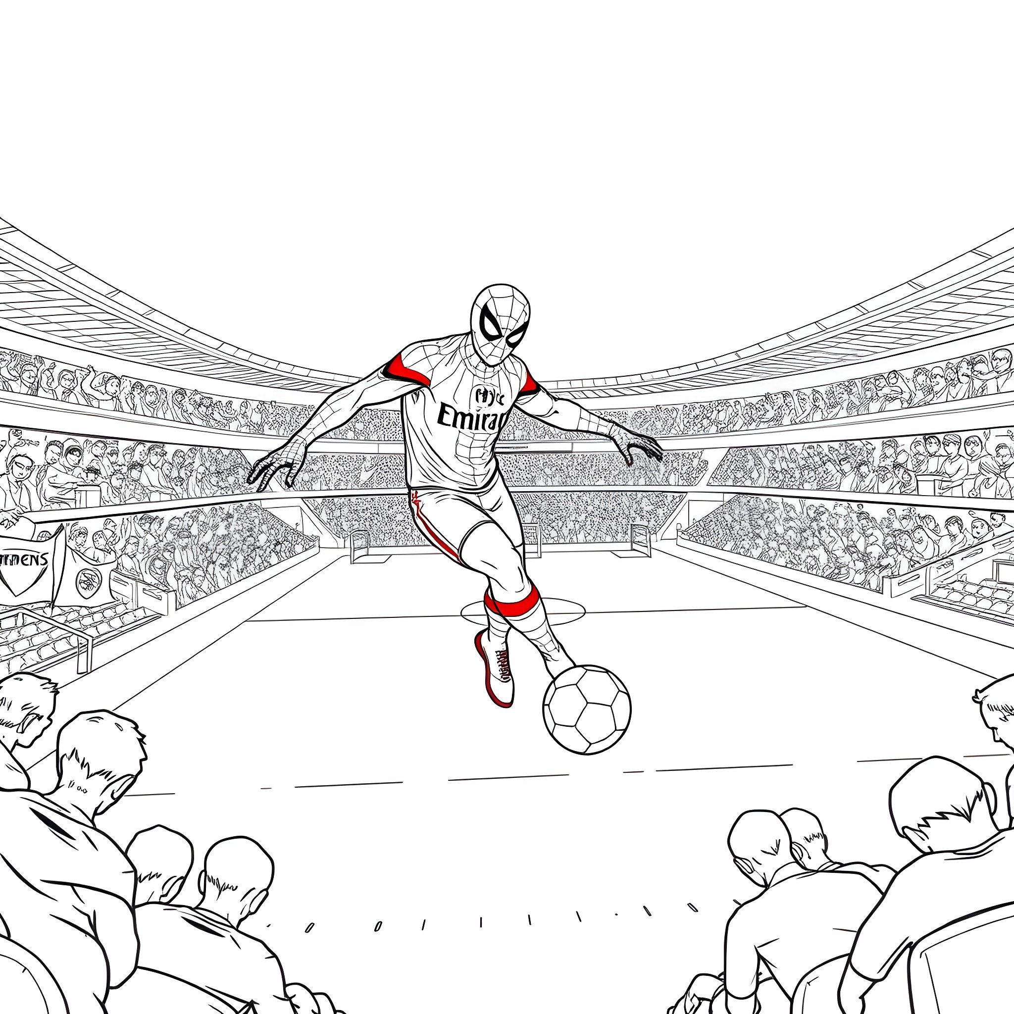 Spider-Man Performing Acrobatic Moves on a Soccer Field Coloring Page (free black-and-white line drawing printable PDF for all, from beginners to advanced learners, including children, teens, adults, and seniors)