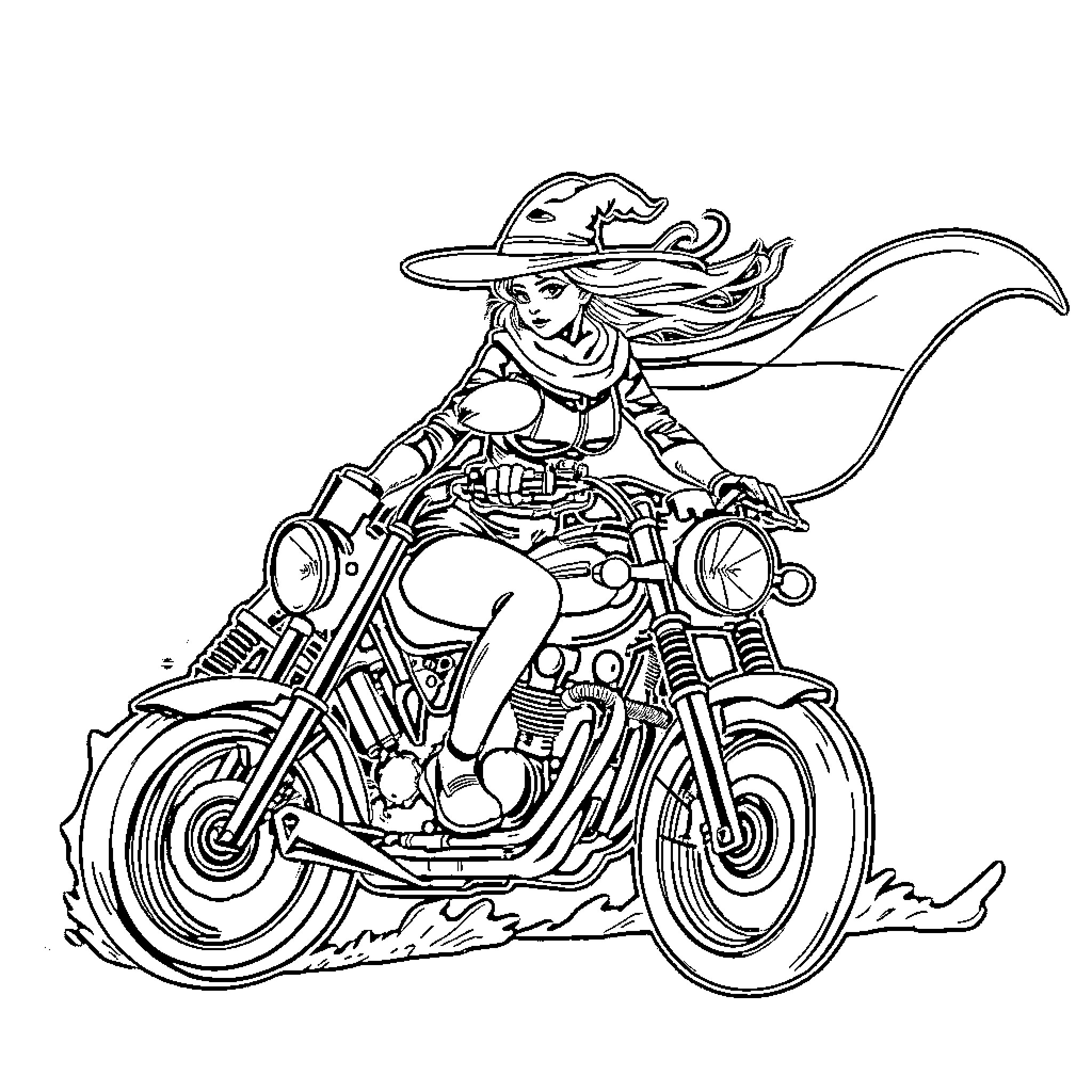 Witch riding a fearsome motorcycle with mystical flair Coloring Page (free black-and-white line drawing printable PDF for all, from beginners to advanced learners, including children, teens, adults, and seniors)
