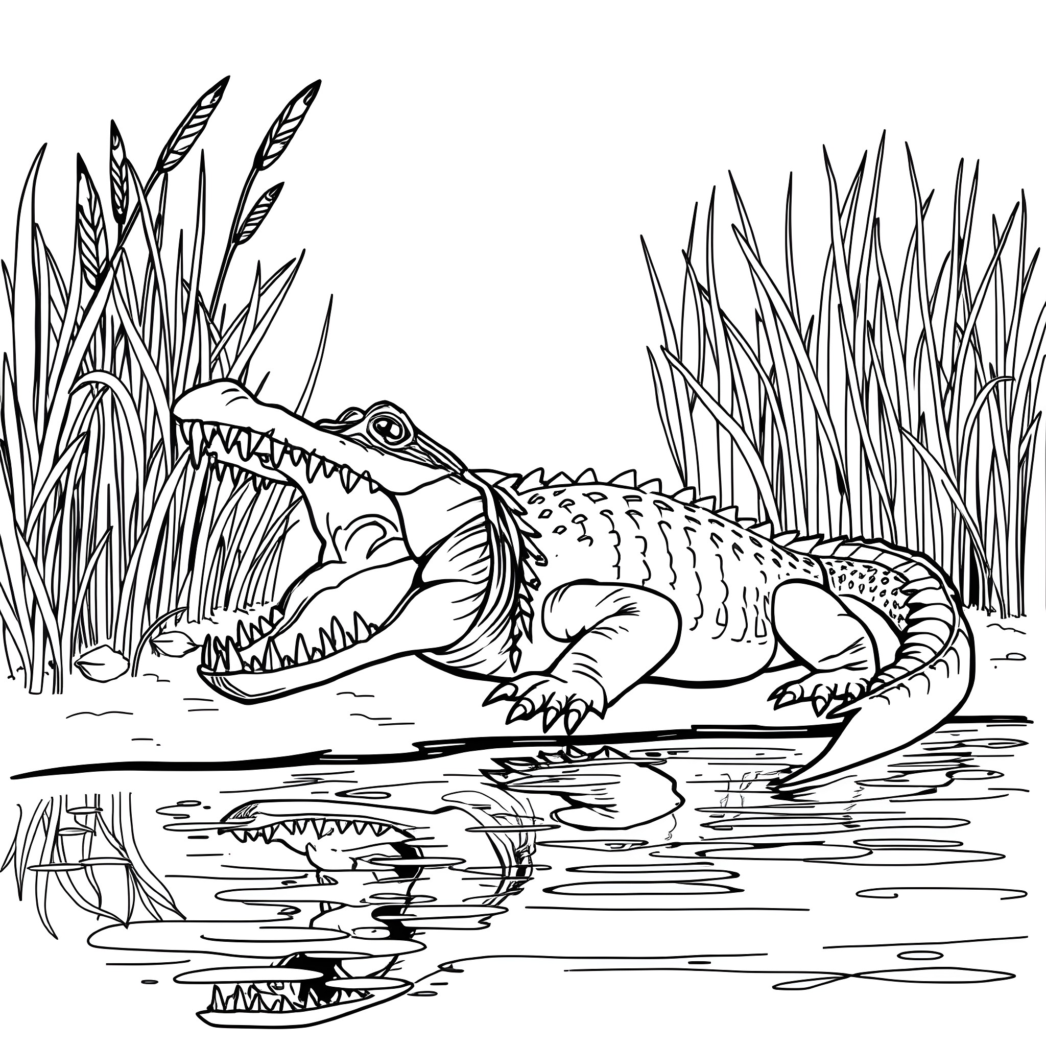 Crocodile lurking in the swampy waters Coloring Page (free black-and-white line drawing printable PDF for all, from beginners to advanced learners, including children, teens, adults, and seniors)