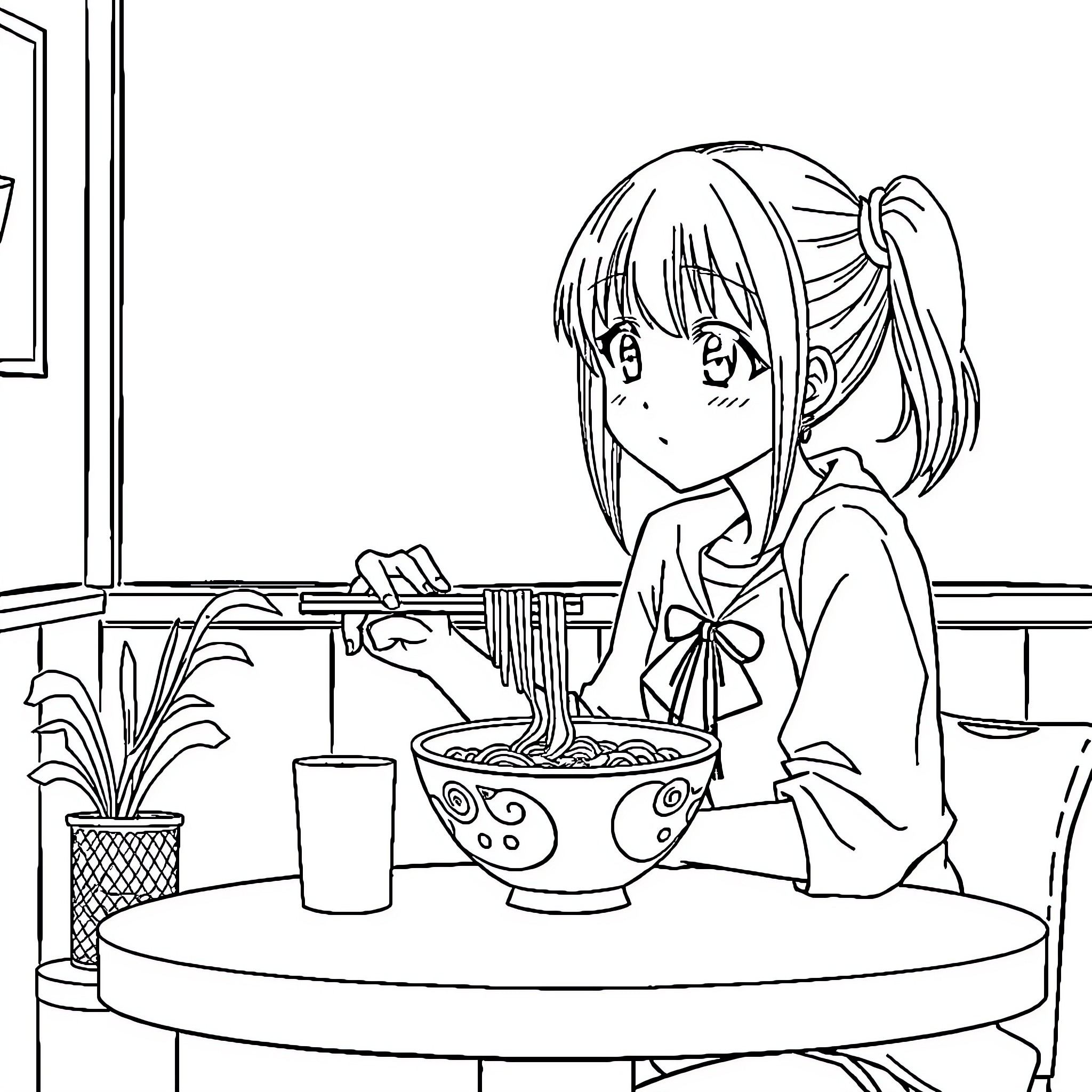 Manga Girl Eating Ramen in a Cozy Room Coloring Page (free black-and-white line drawing printable PDF for all, from beginners to advanced learners, including children, teens, adults, and seniors)
