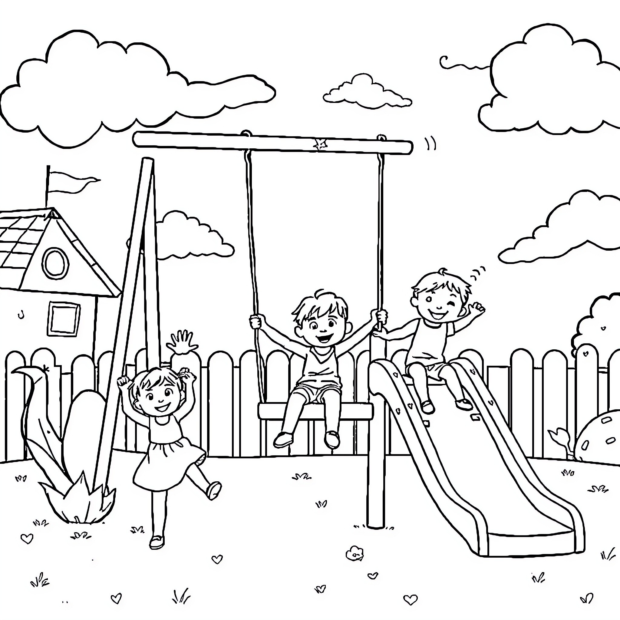 Children playing happily on playground equipment Coloring Page (free black-and-white line drawing printable PDF for all, from beginners to advanced learners, including children, teens, adults, and seniors)