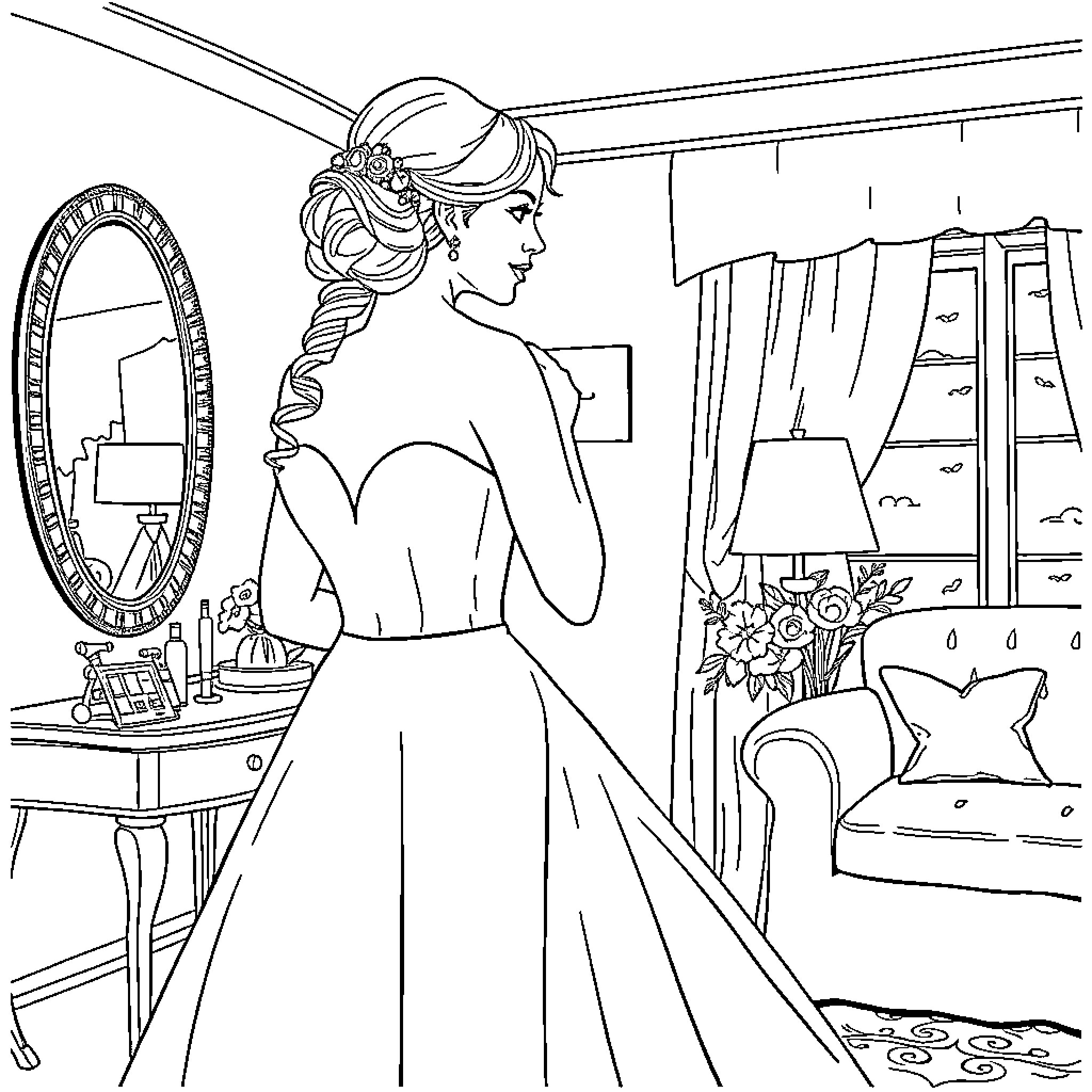 Bride preparing for her special day Coloring Page (free black-and-white line drawing printable PDF for all, from beginners to advanced learners, including children, teens, adults, and seniors)