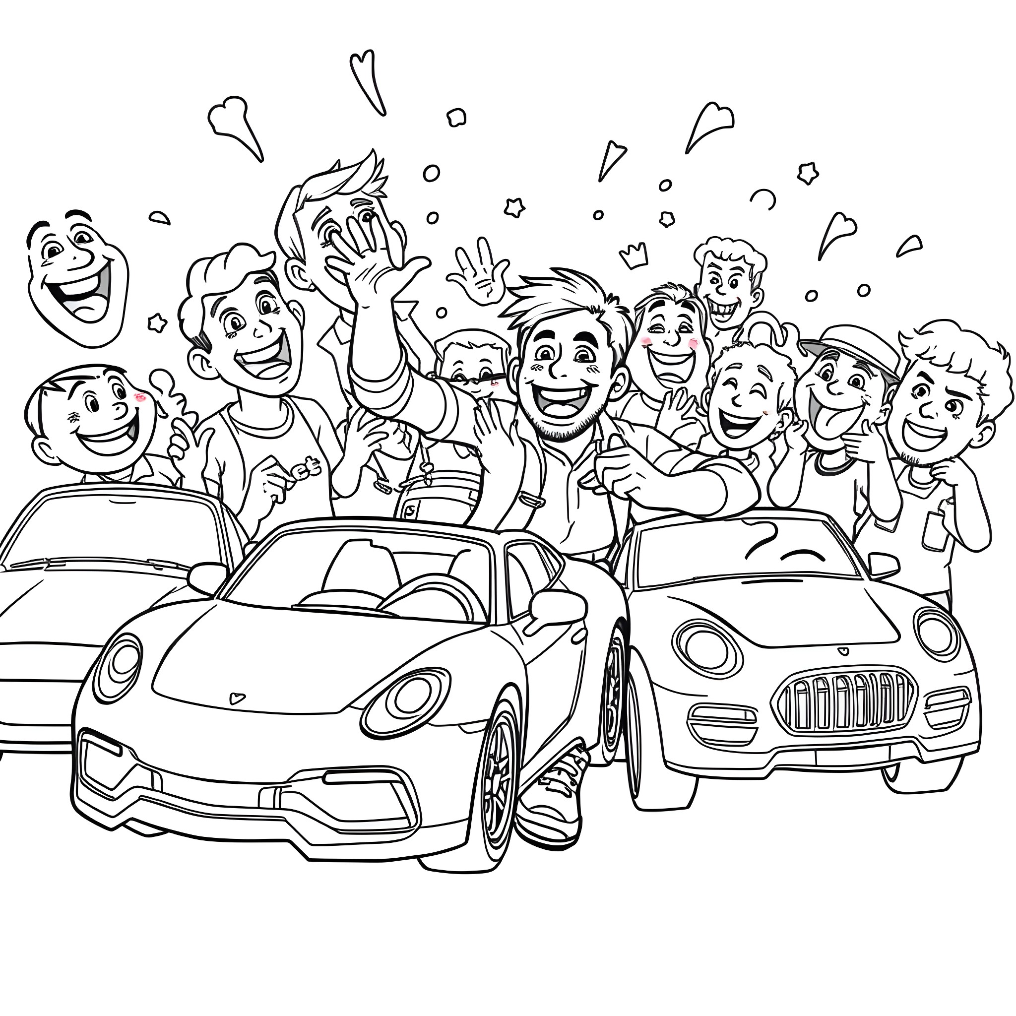Man celebrating with friends in cars Coloring Page (free black-and-white line drawing printable PDF for all, from beginners to advanced learners, including children, teens, adults, and seniors)
