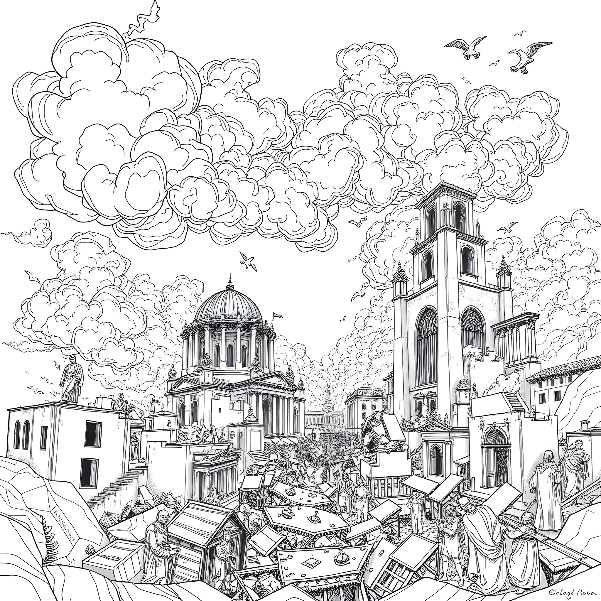Leonardo Da Vinci's Chaotic Renaissance City Scene Coloring Page (free black-and-white line drawing printable PDF for all, from beginners to advanced learners, including children, teens, adults, and seniors)