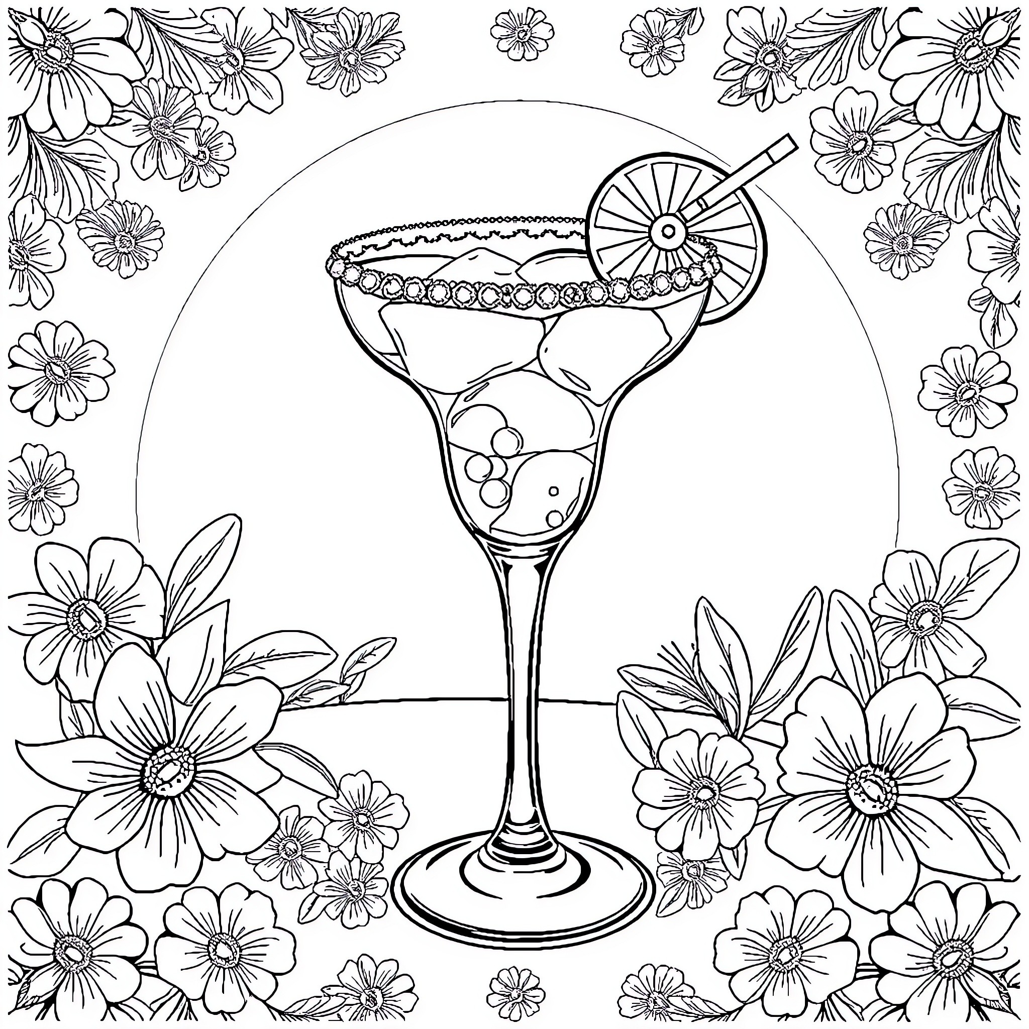 Daisy Cocktail Delight amidst Floral Blooms Coloring Page (free black-and-white line drawing printable PDF for all, from beginners to advanced learners, including children, teens, adults, and seniors)