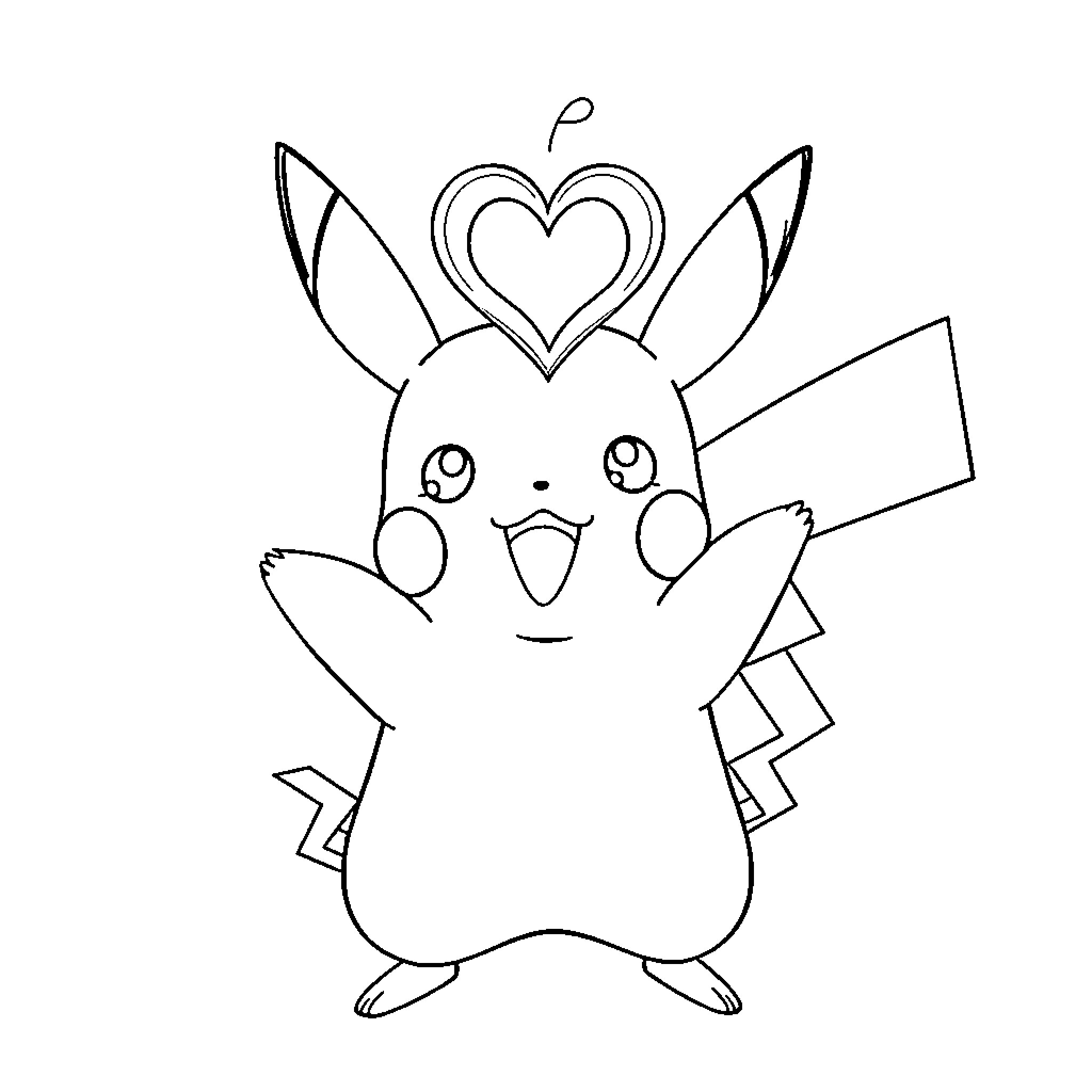 Pikachu displaying a heart symbol Coloring Page (free black-and-white line drawing printable PDF for all, from beginners to advanced learners, including children, teens, adults, and seniors)