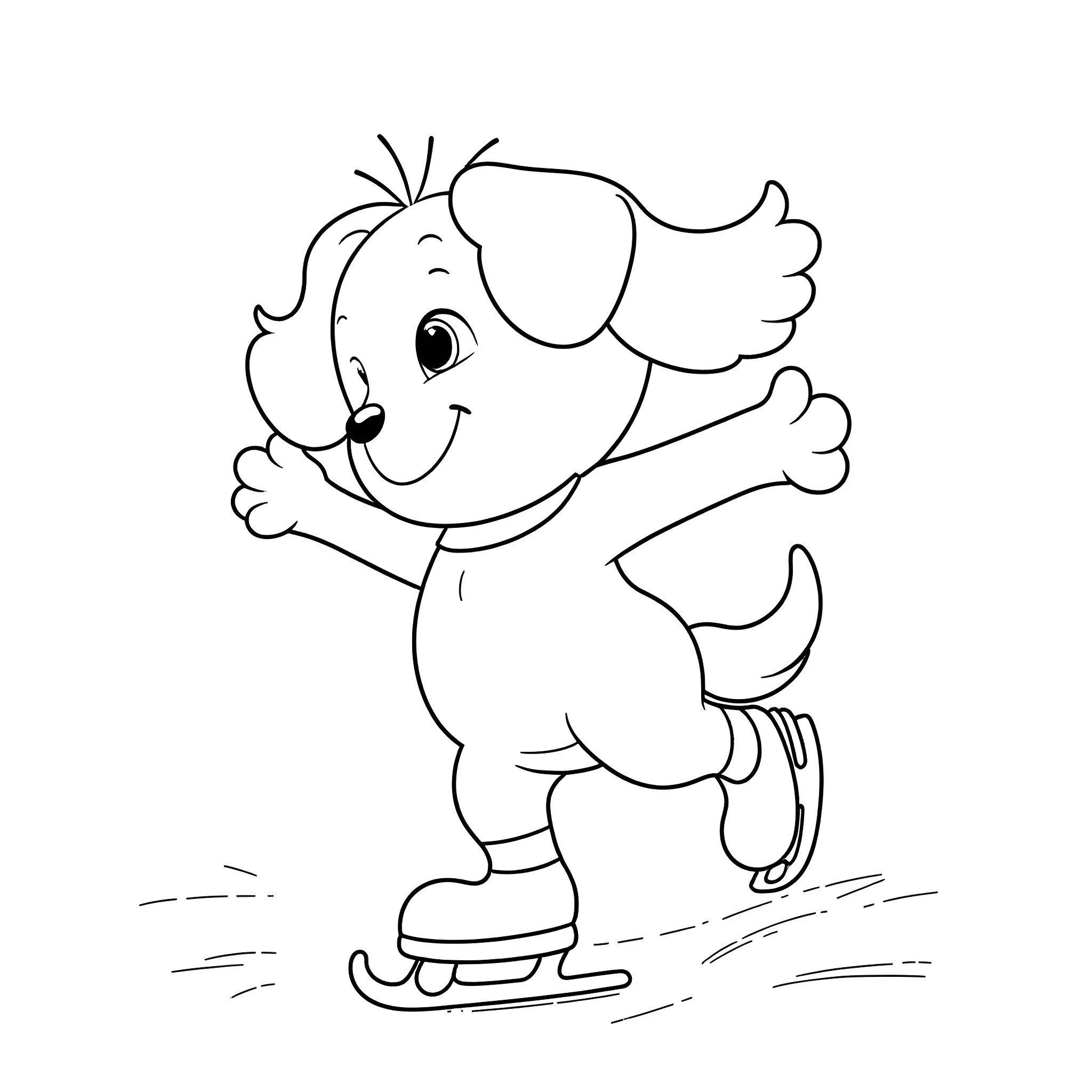 Puppy enjoying ice skating Coloring Page (free black-and-white line drawing printable PDF for all, from beginners to advanced learners, including children, teens, adults, and seniors)