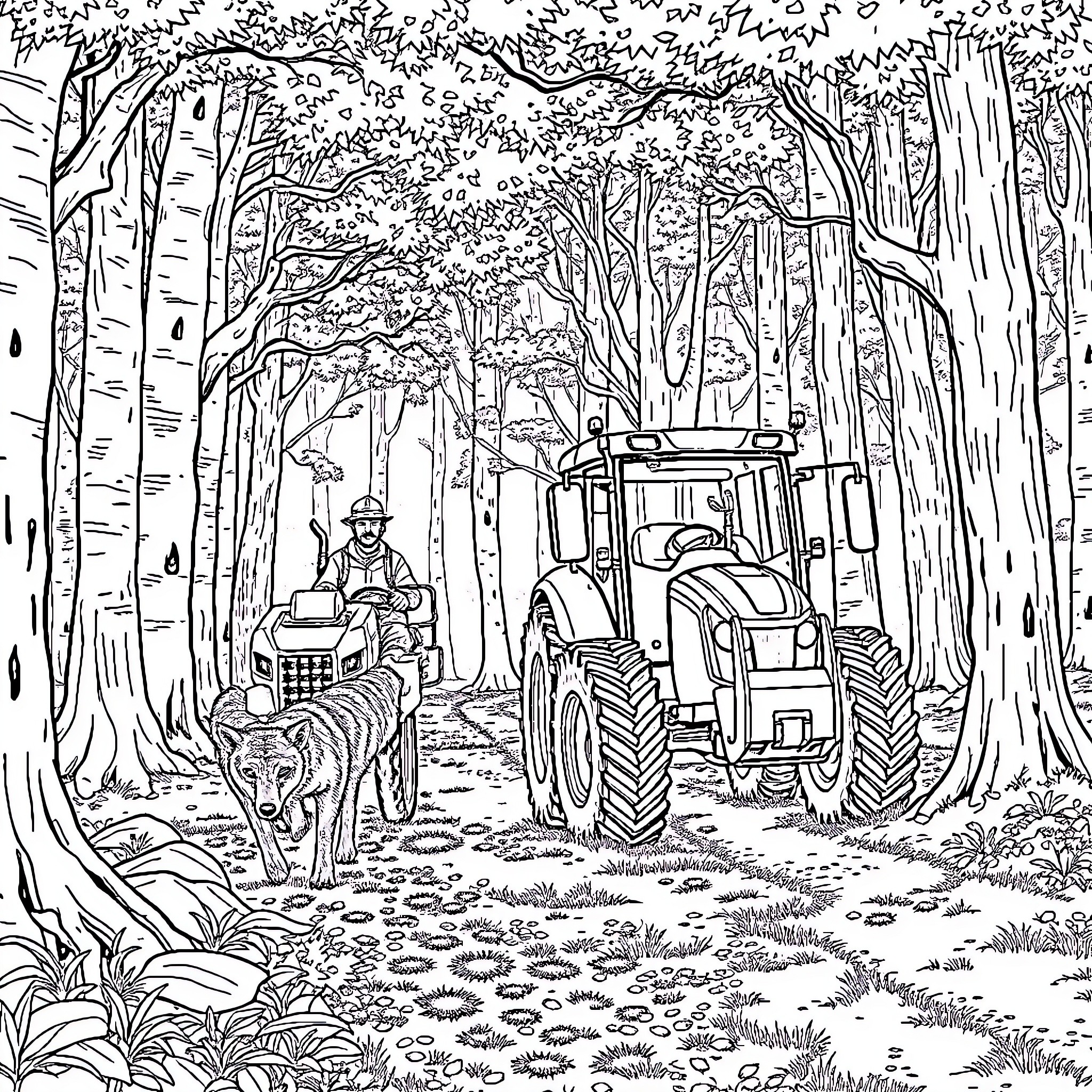 Fox Farmer Plowing Field with Tractor in Forest Coloring Page (free black-and-white line drawing printable PDF for all, from beginners to advanced learners, including children, teens, adults, and seniors)