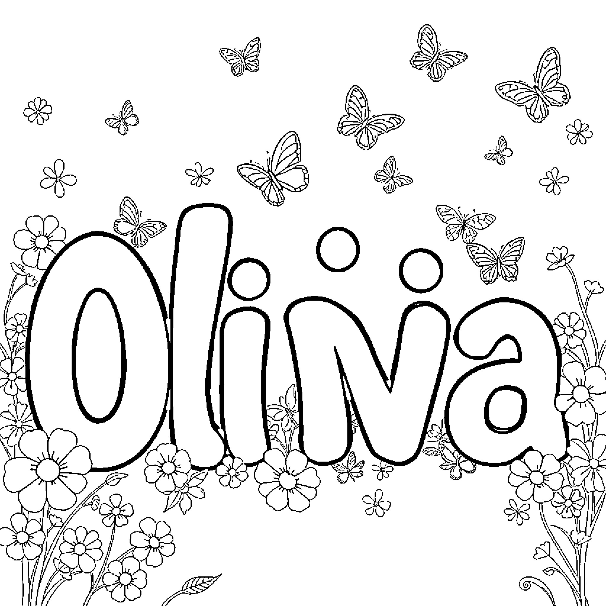 Olivia's Playful Floral and Butterfly Scene Coloring Page (free black-and-white line drawing printable PDF for all, from beginners to advanced learners, including children, teens, adults, and seniors)