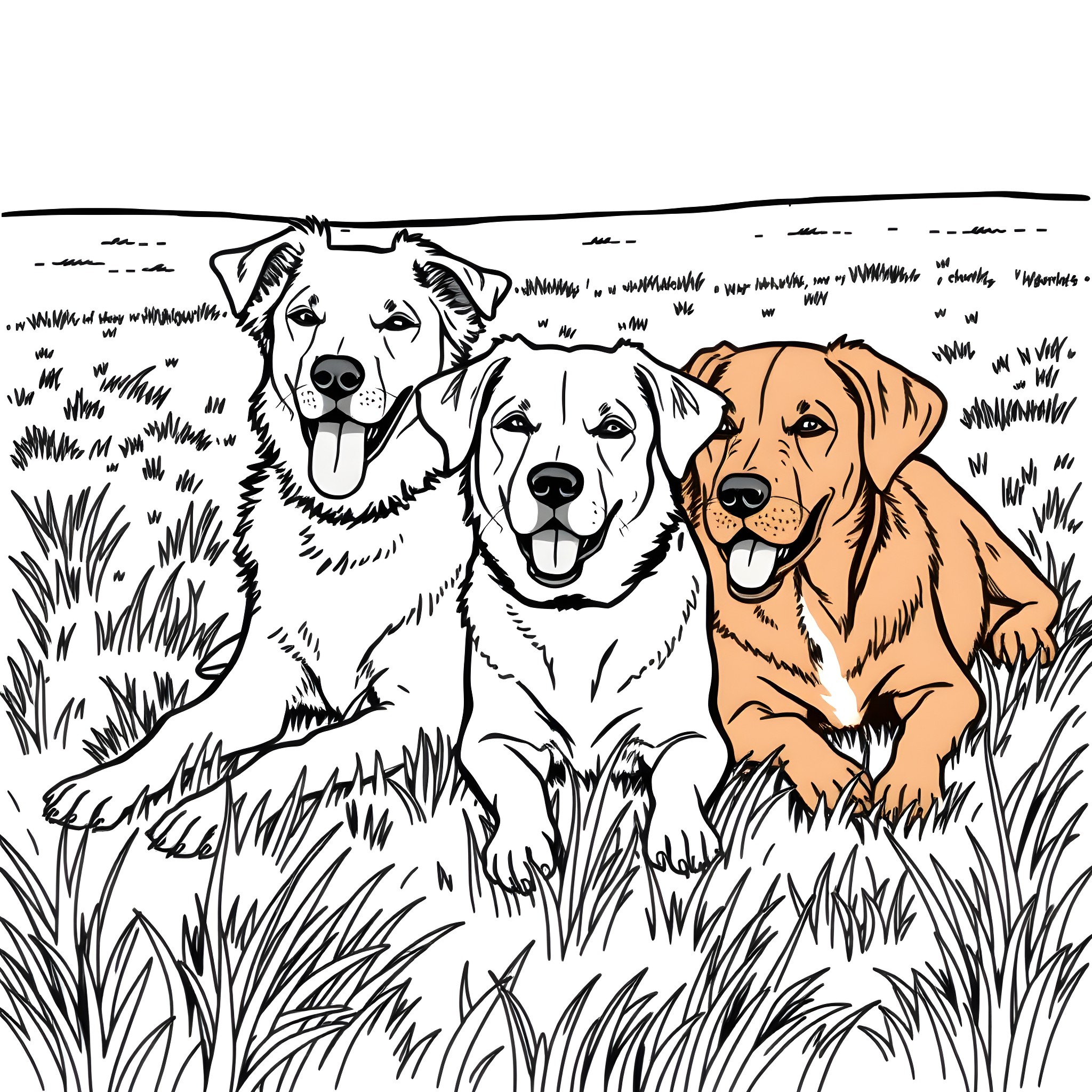 Dogs happily playing in the meadow Coloring Page (free black-and-white line drawing printable PDF for all, from beginners to advanced learners, including children, teens, adults, and seniors)