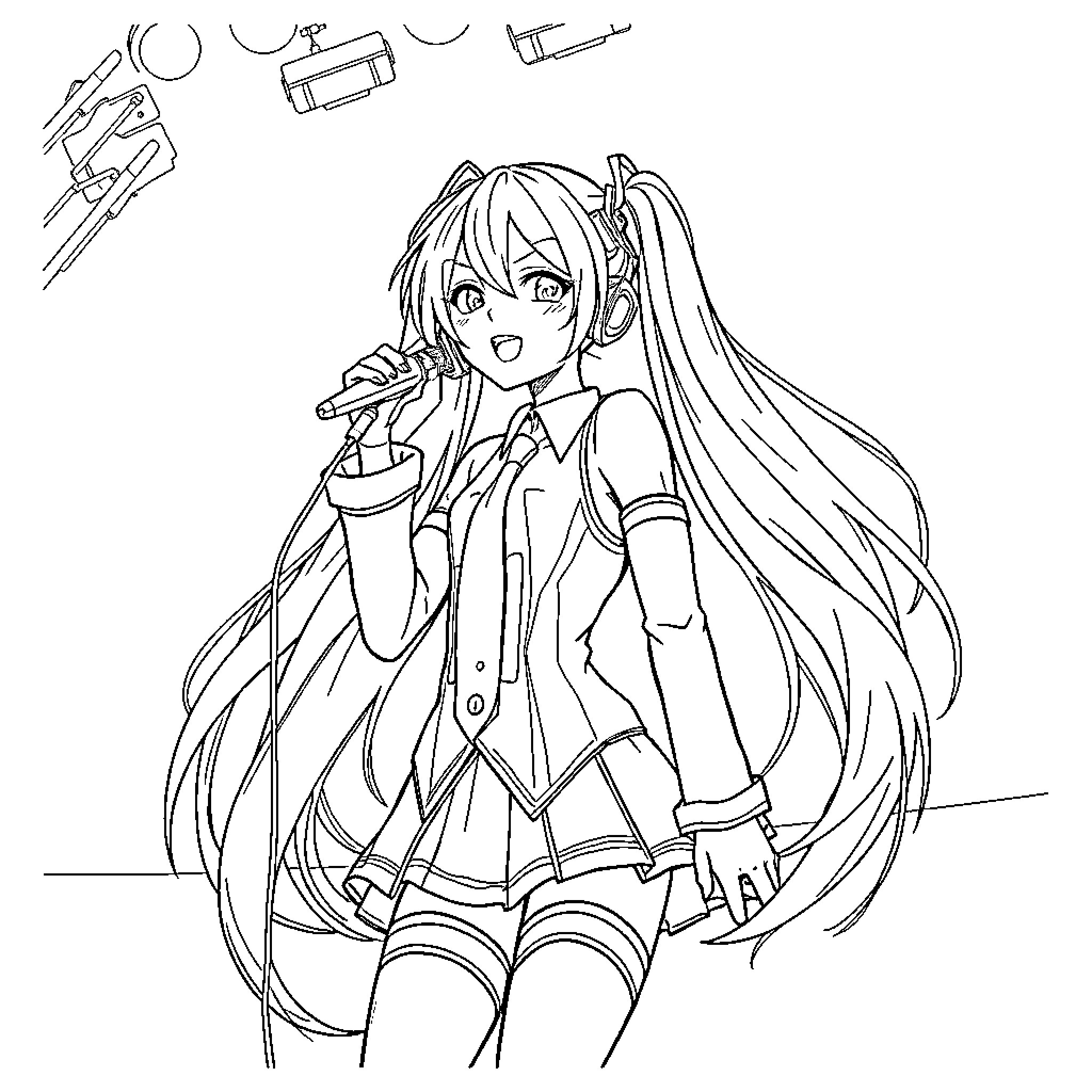Hatsune Miku performing with microphone and headphones Coloring Page (free black-and-white line drawing printable PDF for all, from beginners to advanced learners, including children, teens, adults, and seniors)