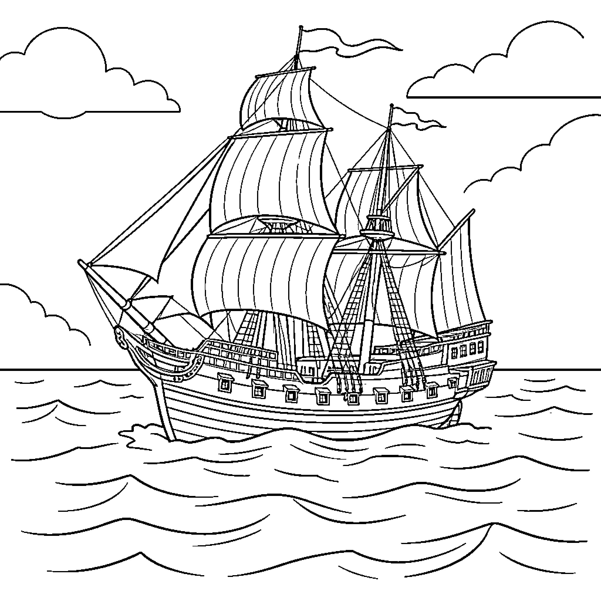 Mayflower sailing through wavy ocean waters Coloring Page (free black-and-white line drawing printable PDF for all, from beginners to advanced learners, including children, teens, adults, and seniors)