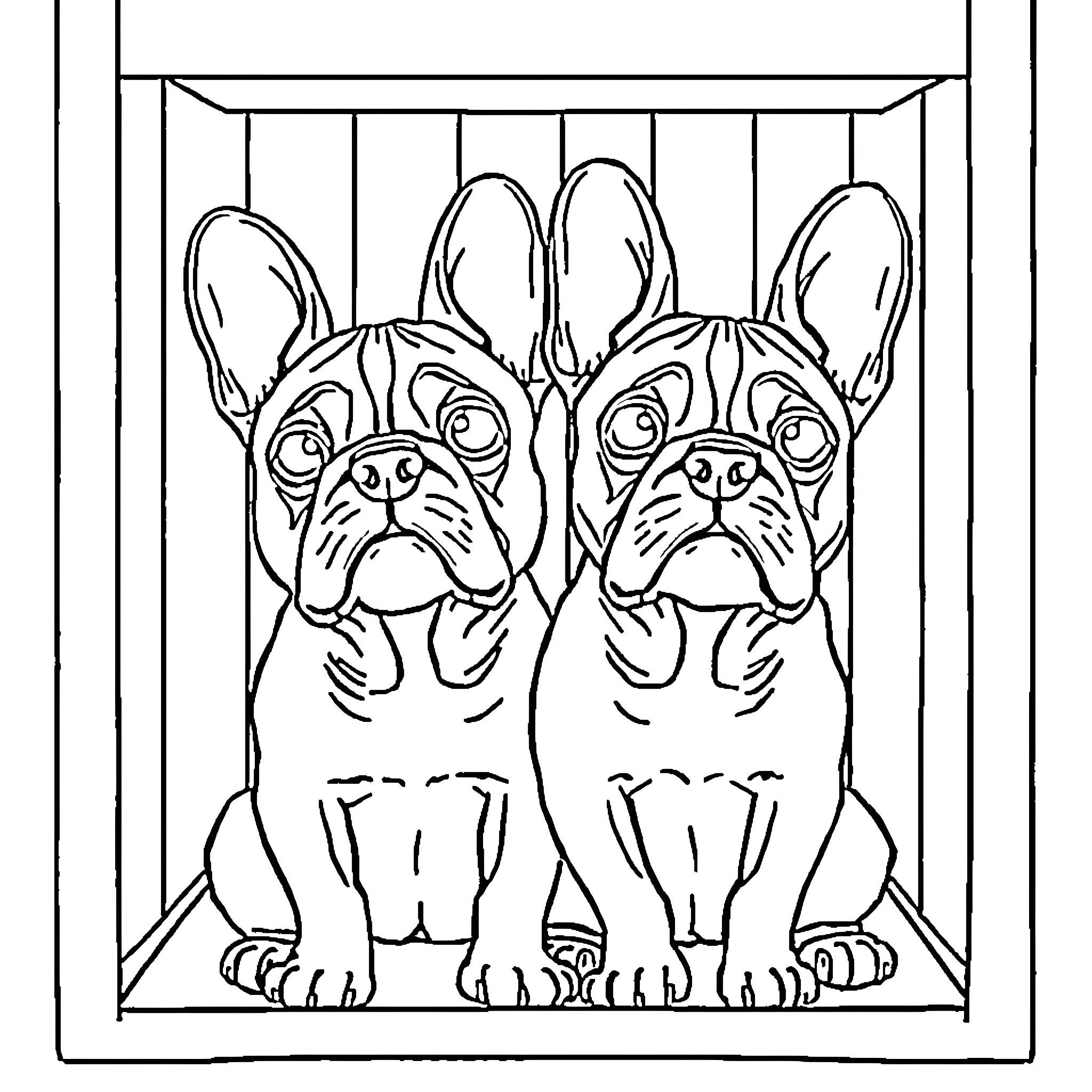 French Bulldog siblings posing together in a frame Coloring Page (free black-and-white line drawing printable PDF for all, from beginners to advanced learners, including children, teens, adults, and seniors)