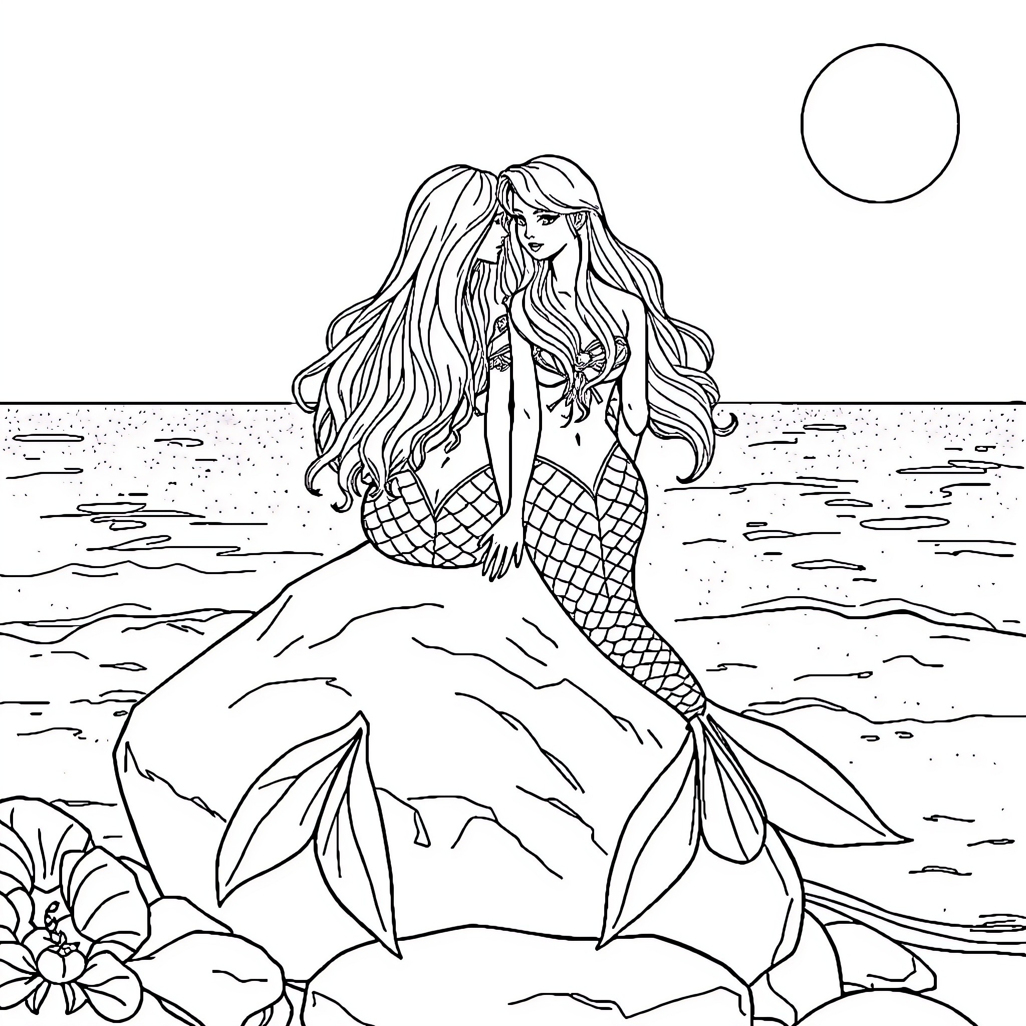 Mermaid lounging on the ocean rocks Coloring Page (free black-and-white line drawing printable PDF for all, from beginners to advanced learners, including children, teens, adults, and seniors)