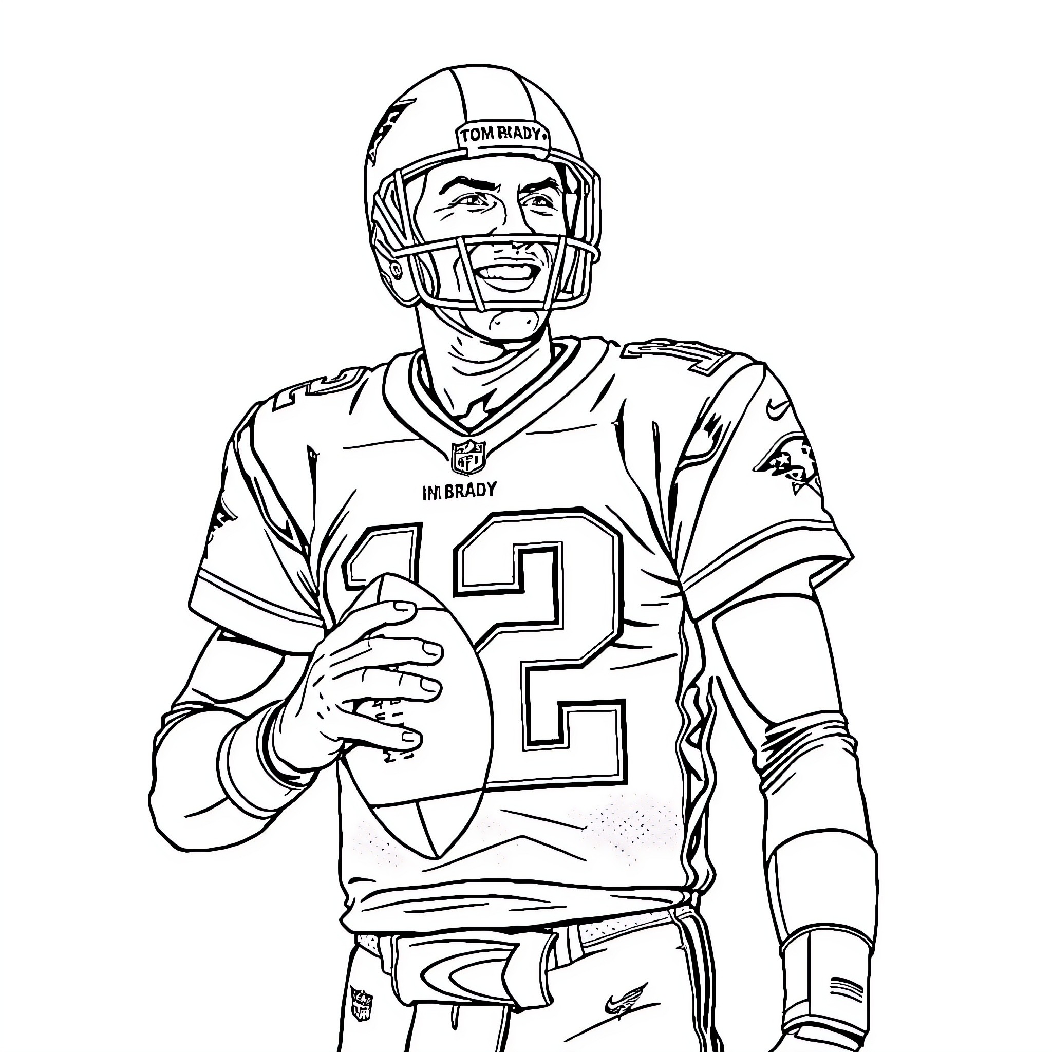 Tom Brady Preparing for the Game in Football Uniform Coloring Page (free black-and-white line drawing printable PDF for all, from beginners to advanced learners, including children, teens, adults, and seniors)