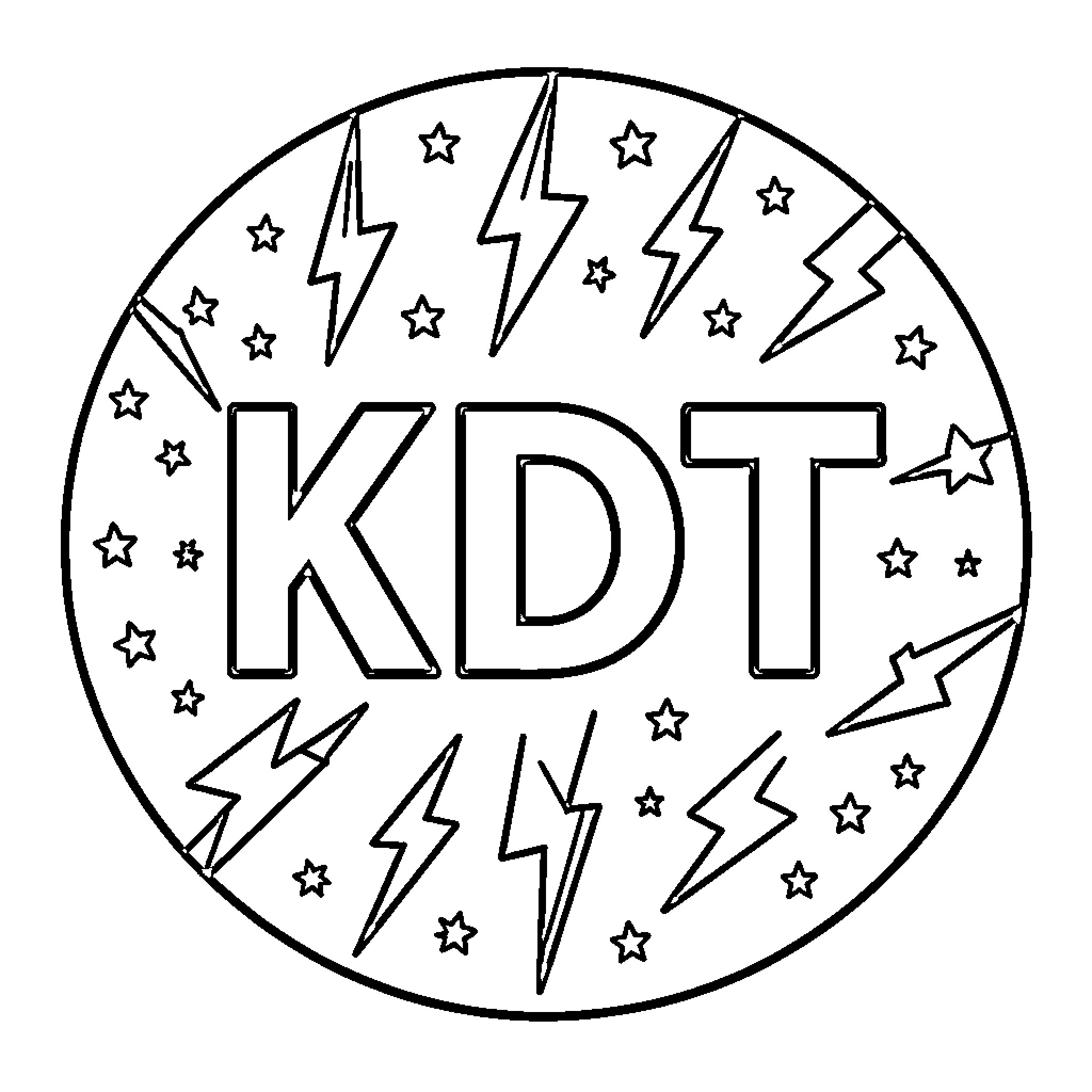 Logo for KDT with lightning bolts and stars Coloring Page (free black-and-white line drawing printable PDF for all, from beginners to advanced learners, including children, teens, adults, and seniors)