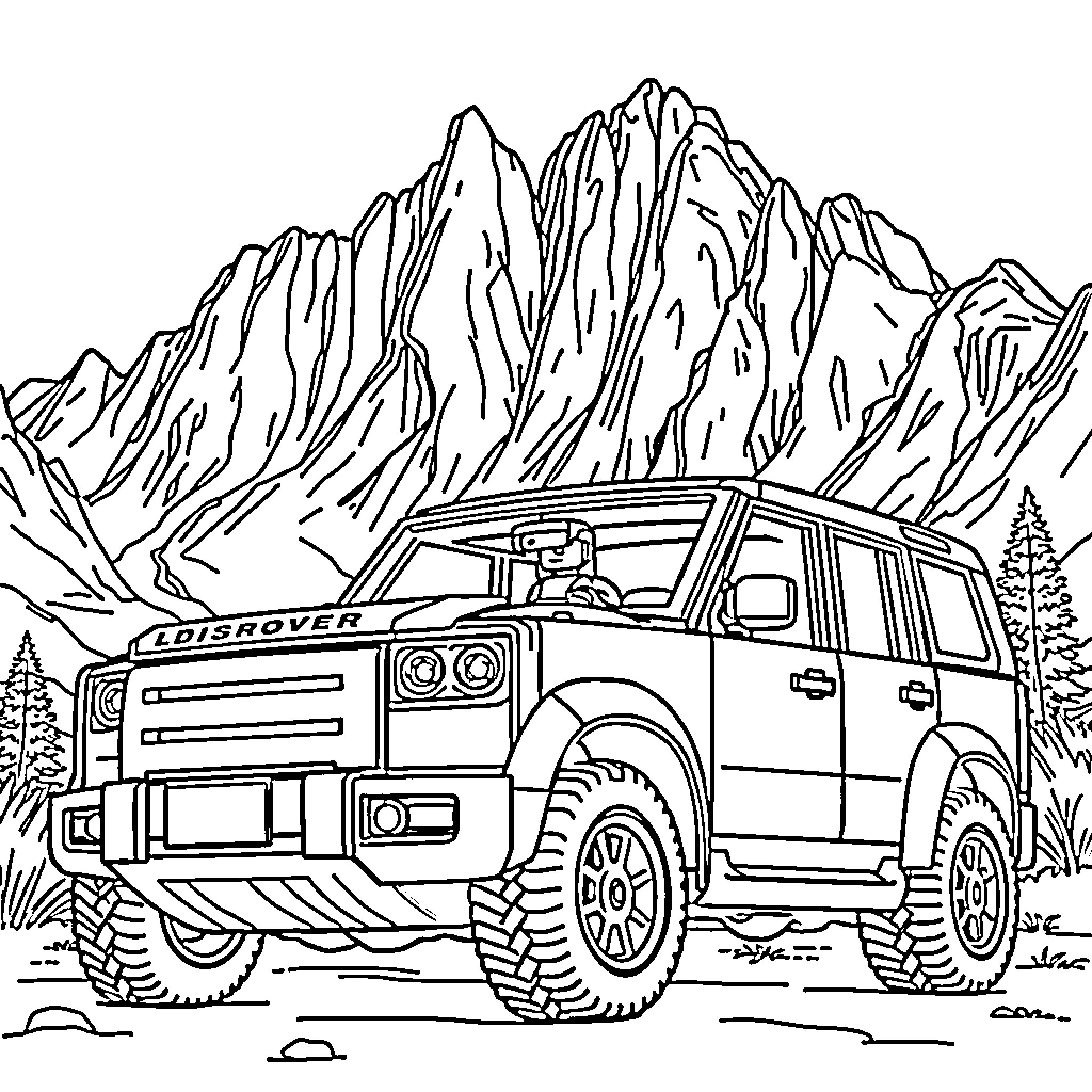 Land Rover exploring rugged mountain landscape Coloring Page (free black-and-white line drawing printable PDF for all, from beginners to advanced learners, including children, teens, adults, and seniors)