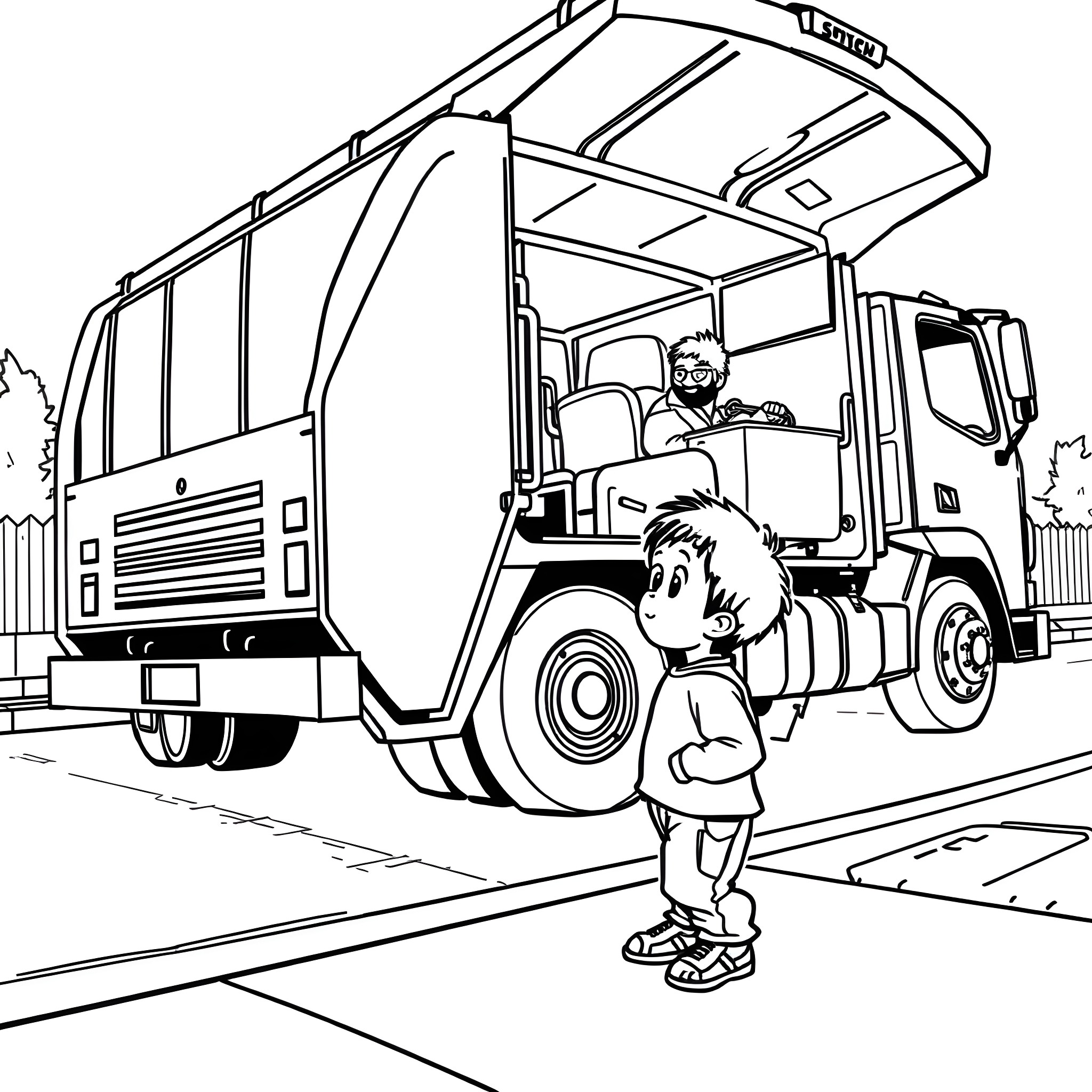 Toddler excited by the big garbage truck Coloring Page (free black-and-white line drawing printable PDF for all, from beginners to advanced learners, including children, teens, adults, and seniors)
