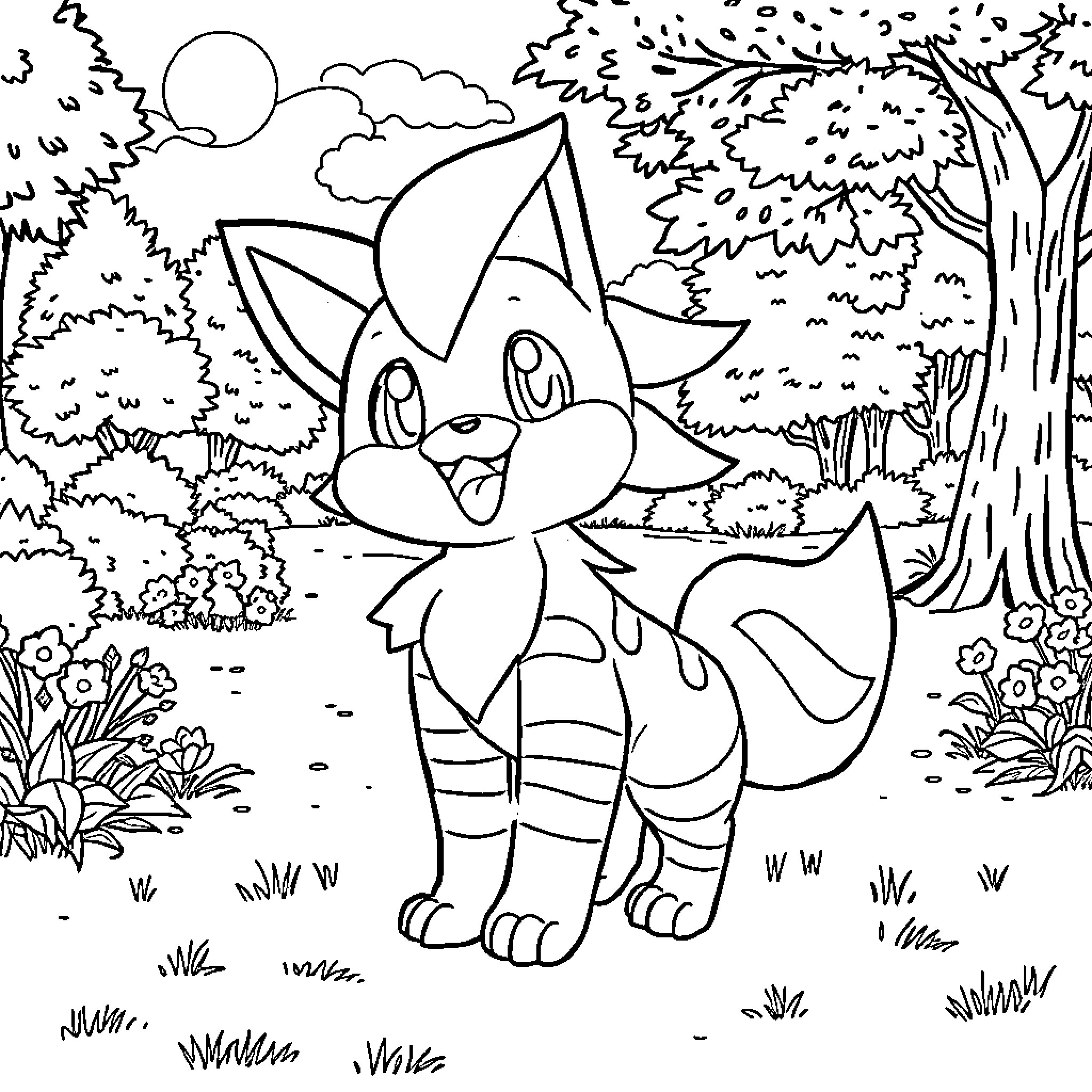 Growlithe playing joyfully in the forest Coloring Page (free black-and-white line drawing printable PDF for all, from beginners to advanced learners, including children, teens, adults, and seniors)
