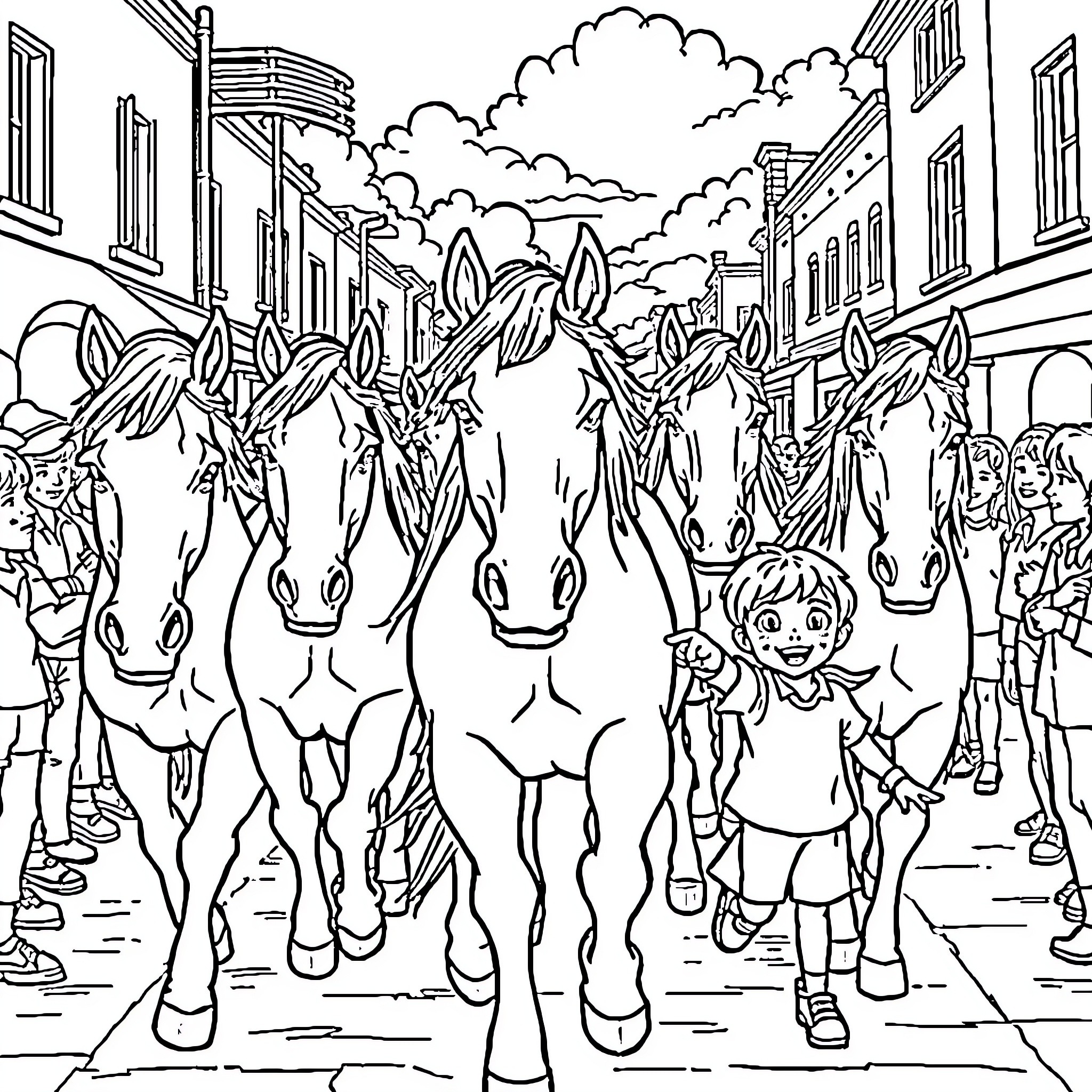 Horse parade through the crowded city street Coloring Page (free black-and-white line drawing printable PDF for all, from beginners to advanced learners, including children, teens, adults, and seniors)