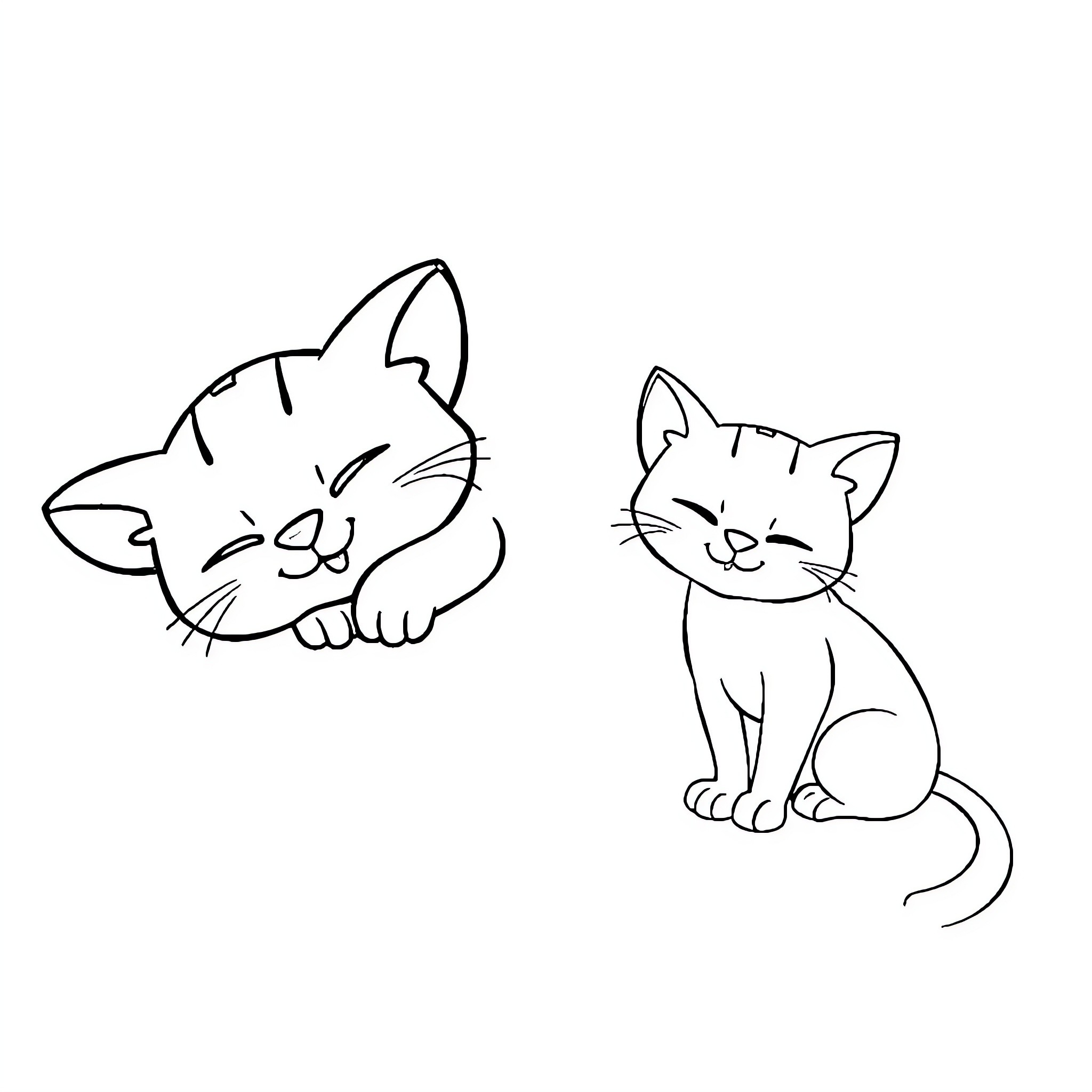 Cats playing and resting together Coloring Page (free black-and-white line drawing printable PDF for all, from beginners to advanced learners, including children, teens, adults, and seniors)