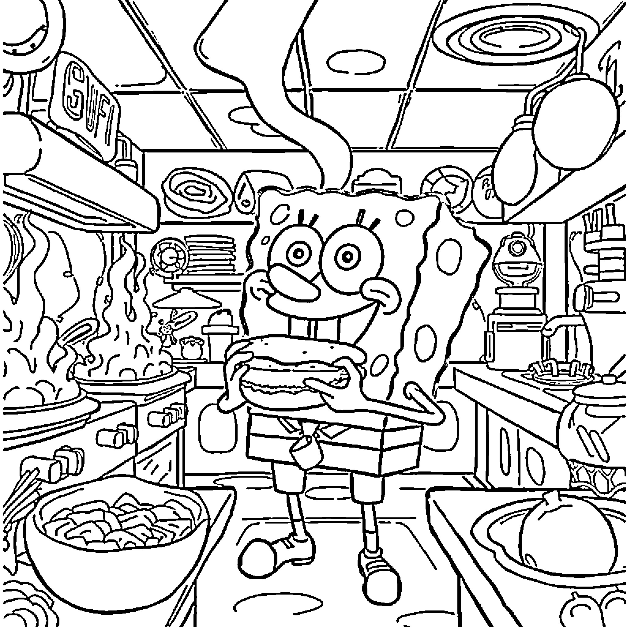 Spongebob's Chaotic Kitchen Adventure Coloring Page (free black-and-white line drawing printable PDF for all, from beginners to advanced learners, including children, teens, adults, and seniors)