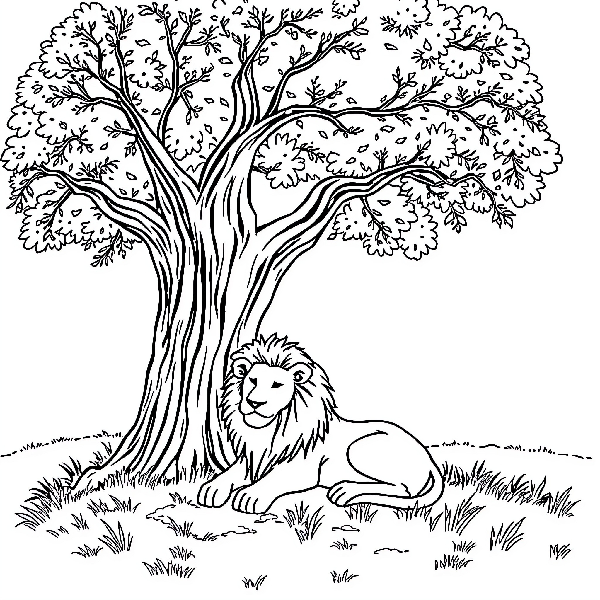 Lion resting under majestic tree Coloring Page (free black-and-white line drawing printable PDF for all, from beginners to advanced learners, including children, teens, adults, and seniors)