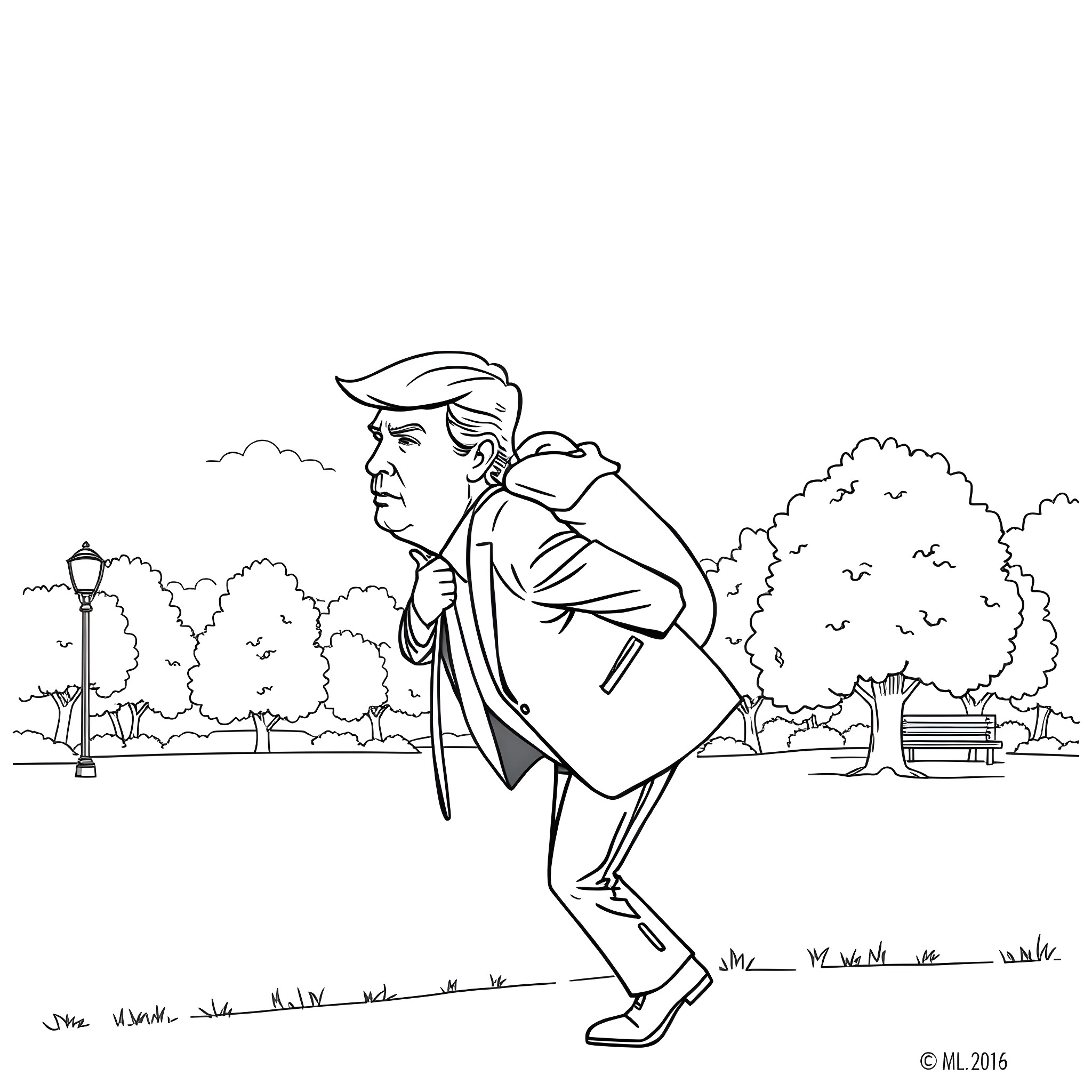 Donald Trump walking briskly through a park Coloring Page (free black-and-white line drawing printable PDF for all, from beginners to advanced learners, including children, teens, adults, and seniors)