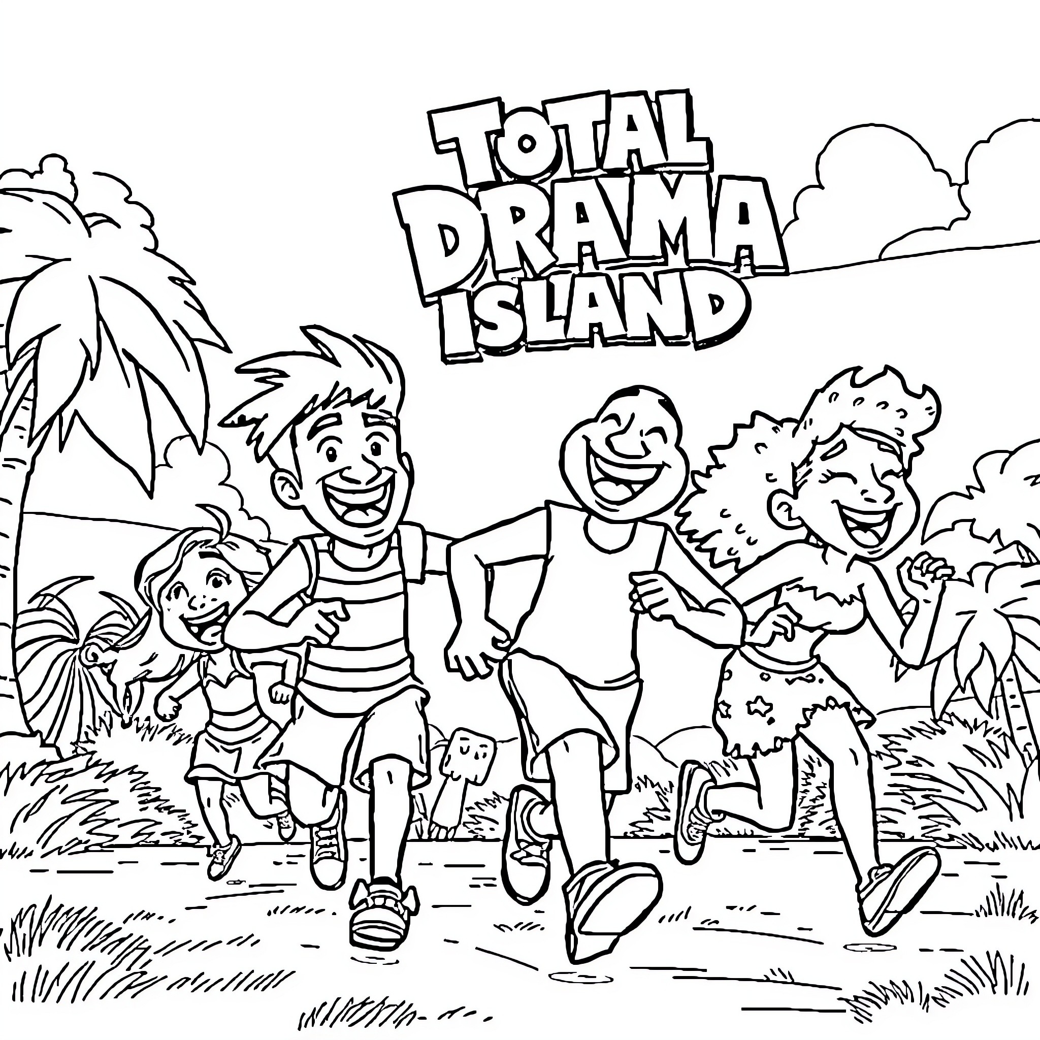 Character group playing happily on the island Coloring Page (free black-and-white line drawing printable PDF for all, from beginners to advanced learners, including children, teens, adults, and seniors)