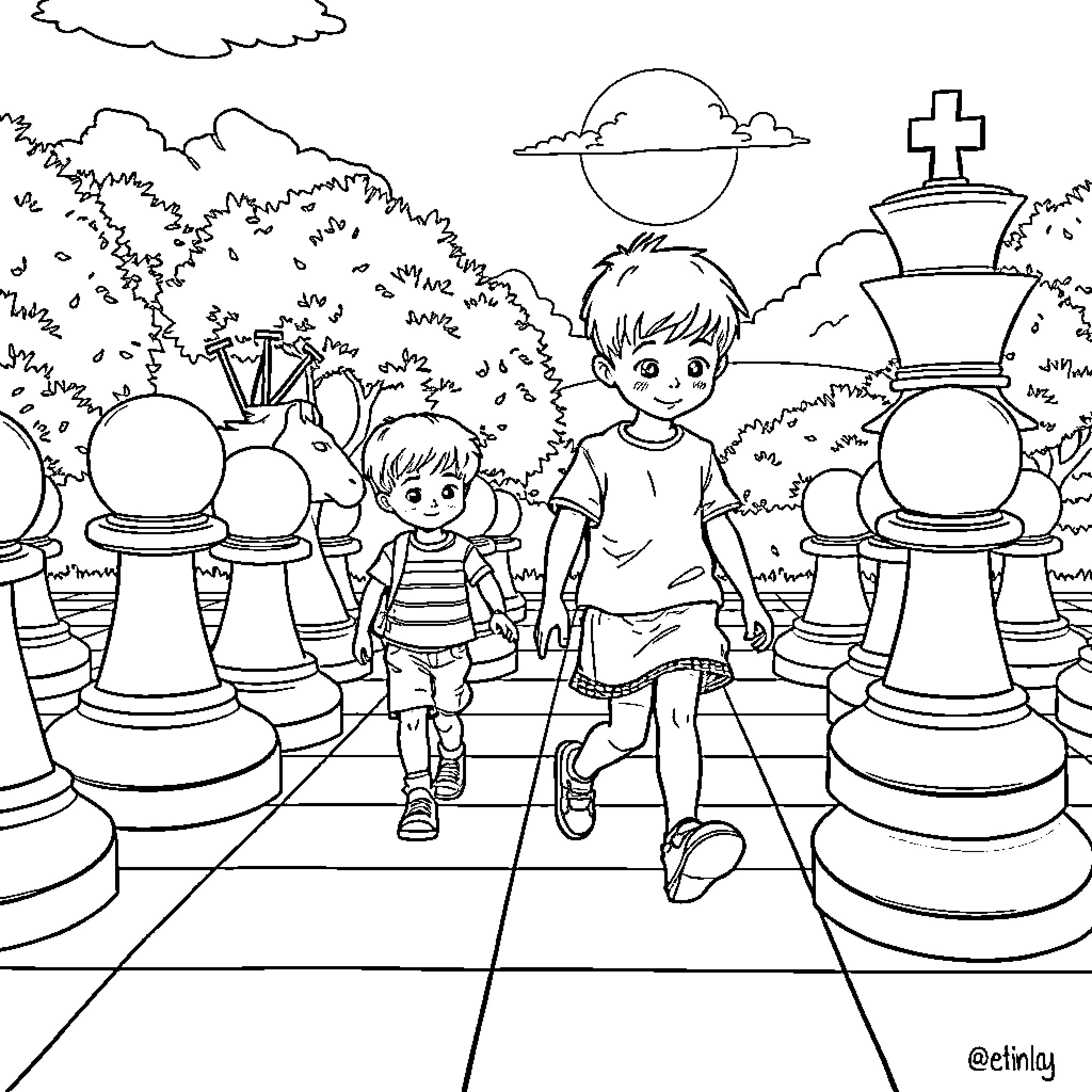 Child exploring a chessboard landscape Coloring Page (free black-and-white line drawing printable PDF for all, from beginners to advanced learners, including children, teens, adults, and seniors)