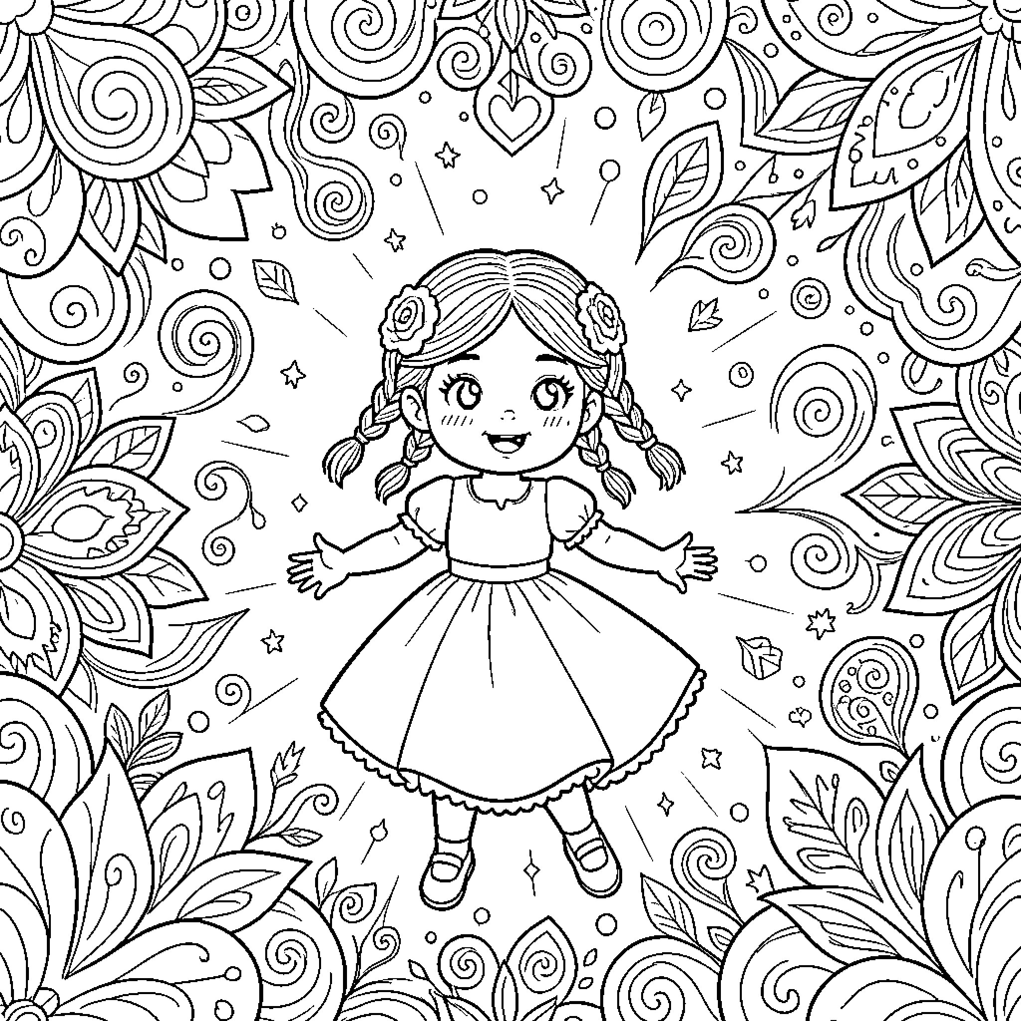Fille smiling with arms outstretched in a floral pattern Coloring Page (free black-and-white line drawing printable PDF for all, from beginners to advanced learners, including children, teens, adults, and seniors)