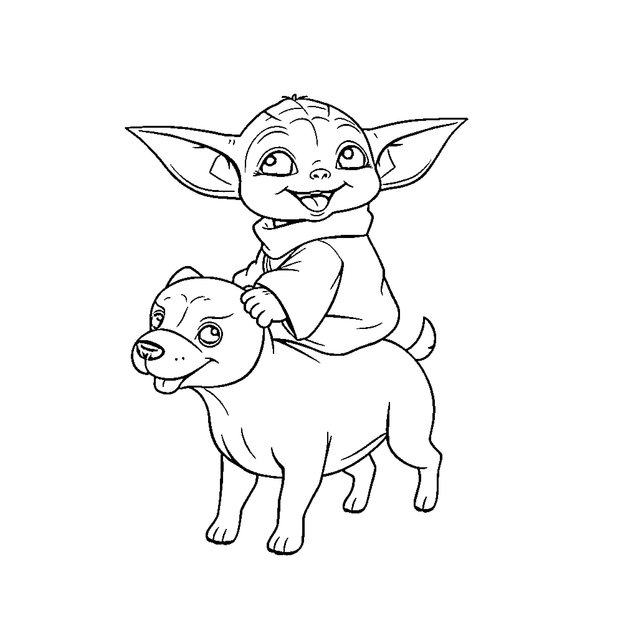 Baby Yoda playfully riding a puppy Coloring Page (free black-and-white line drawing printable PDF for all, from beginners to advanced learners, including children, teens, adults, and seniors)