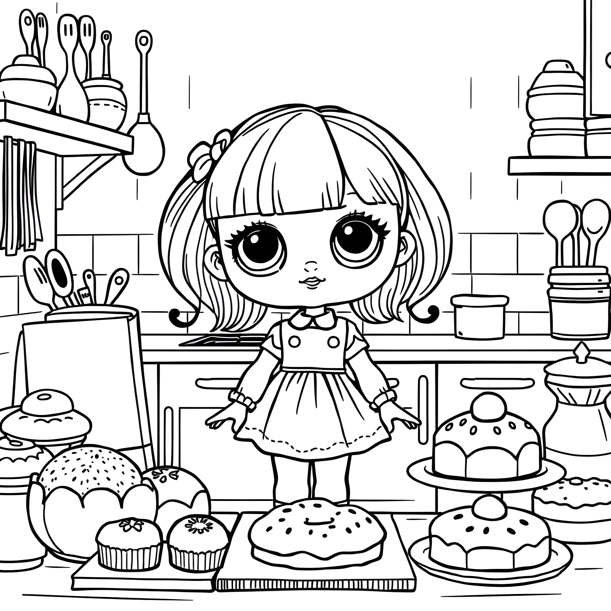Doll in a Cozy Kitchen with Pastries Coloring Page (free black-and-white line drawing printable PDF for all, from beginners to advanced learners, including children, teens, adults, and seniors)