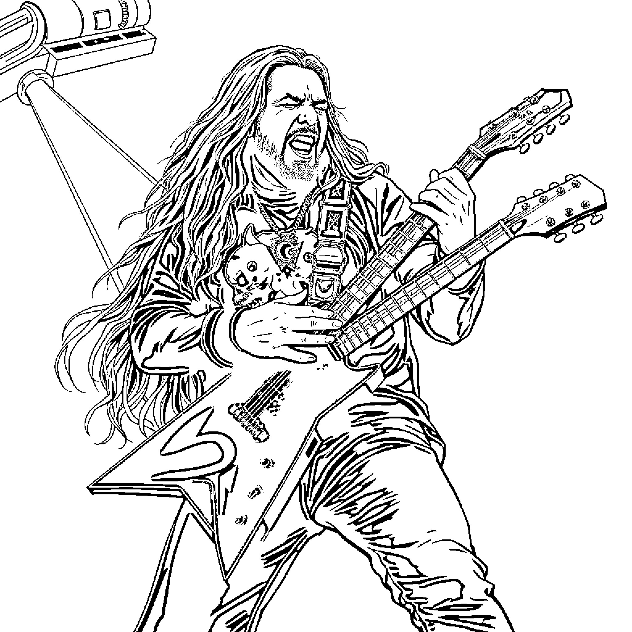 Darell, the Rocking Guitarist on Stage Coloring Page (free black-and-white line drawing printable PDF for all, from beginners to advanced learners, including children, teens, adults, and seniors)