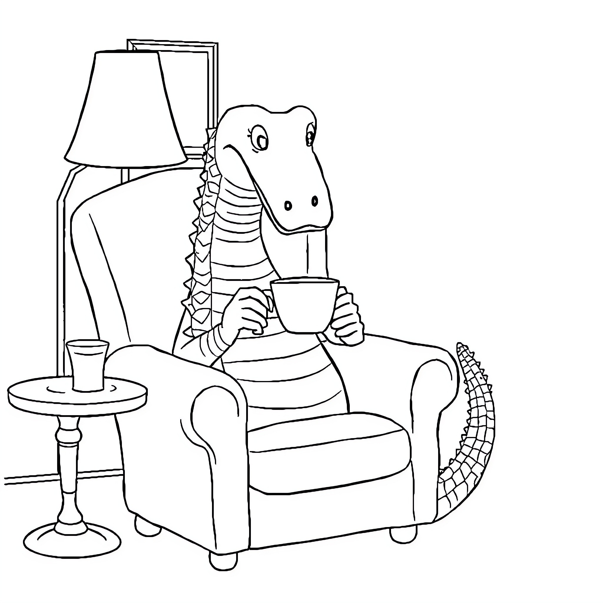 Loch Ness Monster reading book in armchair Coloring Page (free black-and-white line drawing printable PDF for all, from beginners to advanced learners, including children, teens, adults, and seniors)