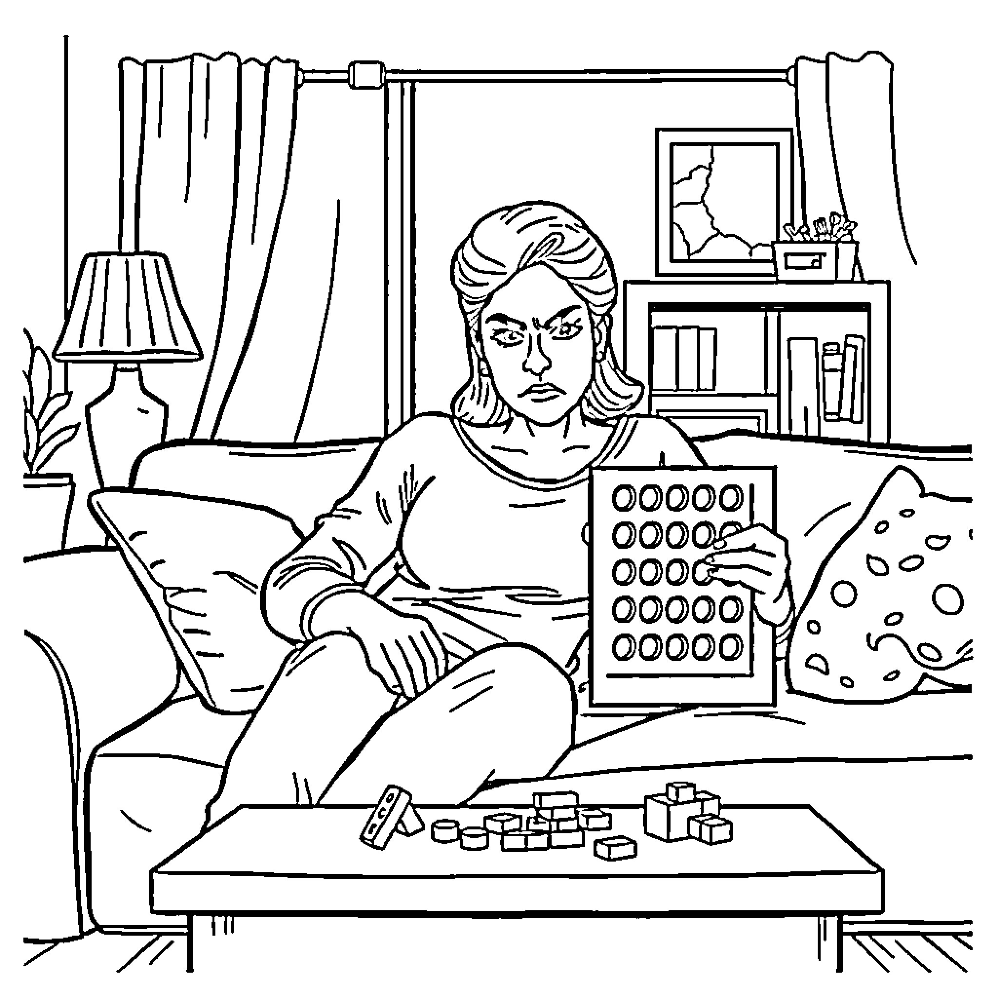 Mom working diligently with calculator on the couch Coloring Page (free black-and-white line drawing printable PDF for all, from beginners to advanced learners, including children, teens, adults, and seniors)