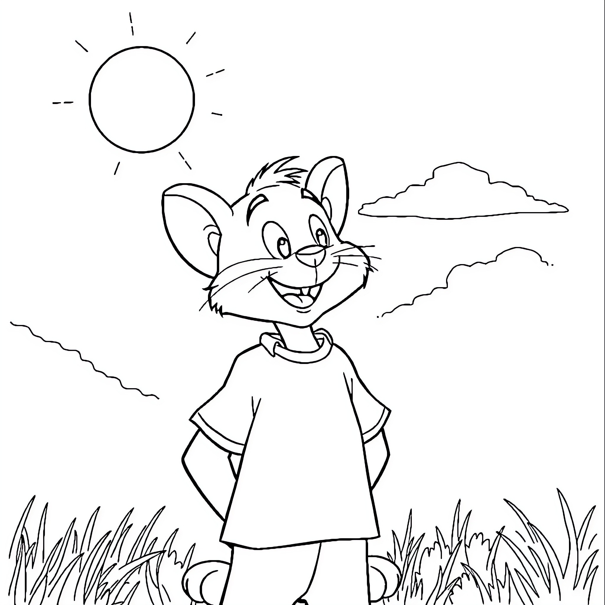 Tom's Cheerful Adventure in the Countryside Coloring Page (free black-and-white line drawing printable PDF for all, from beginners to advanced learners, including children, teens, adults, and seniors)