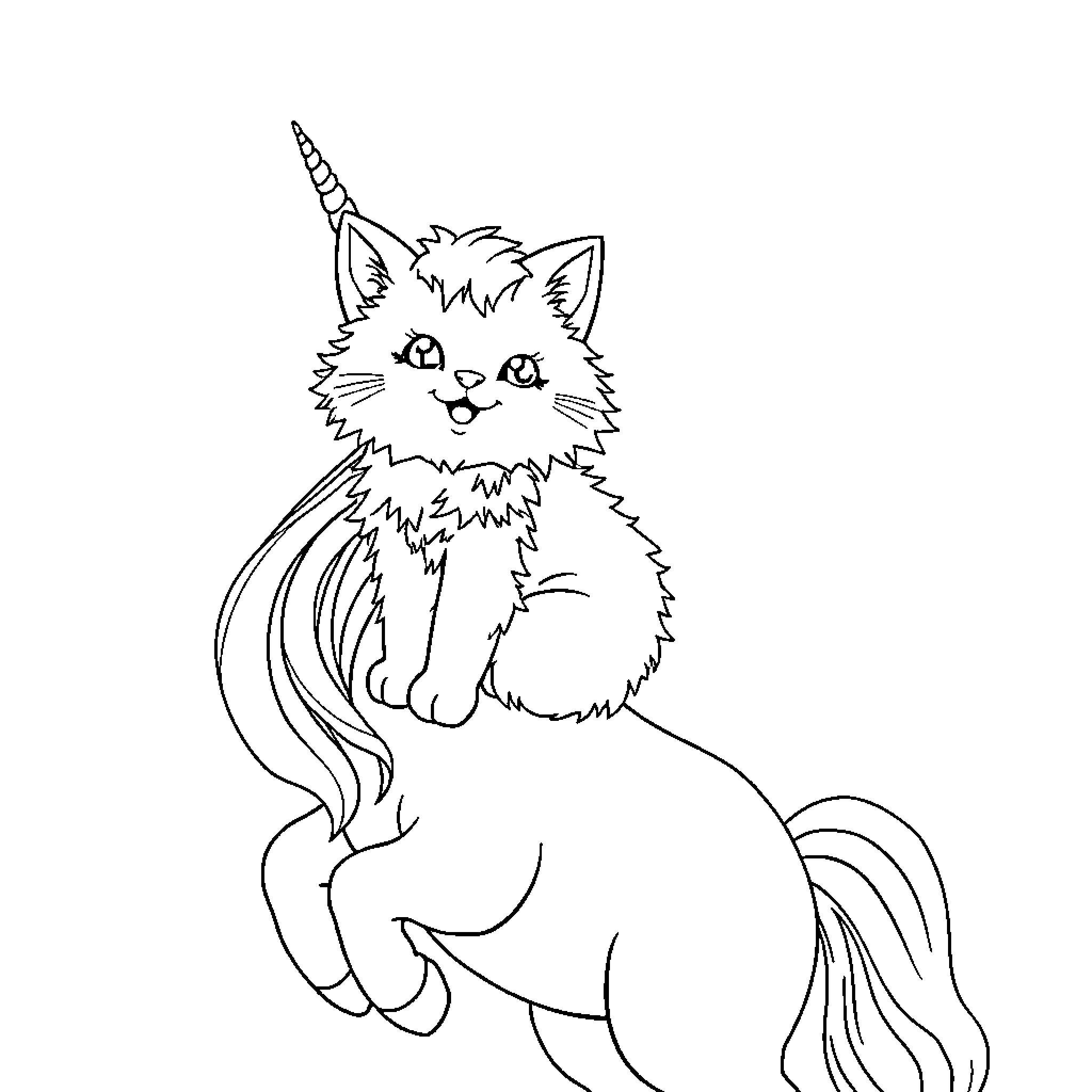 Kitty unicorn cub with a playful expression Coloring Page (free black-and-white line drawing printable PDF for all, from beginners to advanced learners, including children, teens, adults, and seniors)