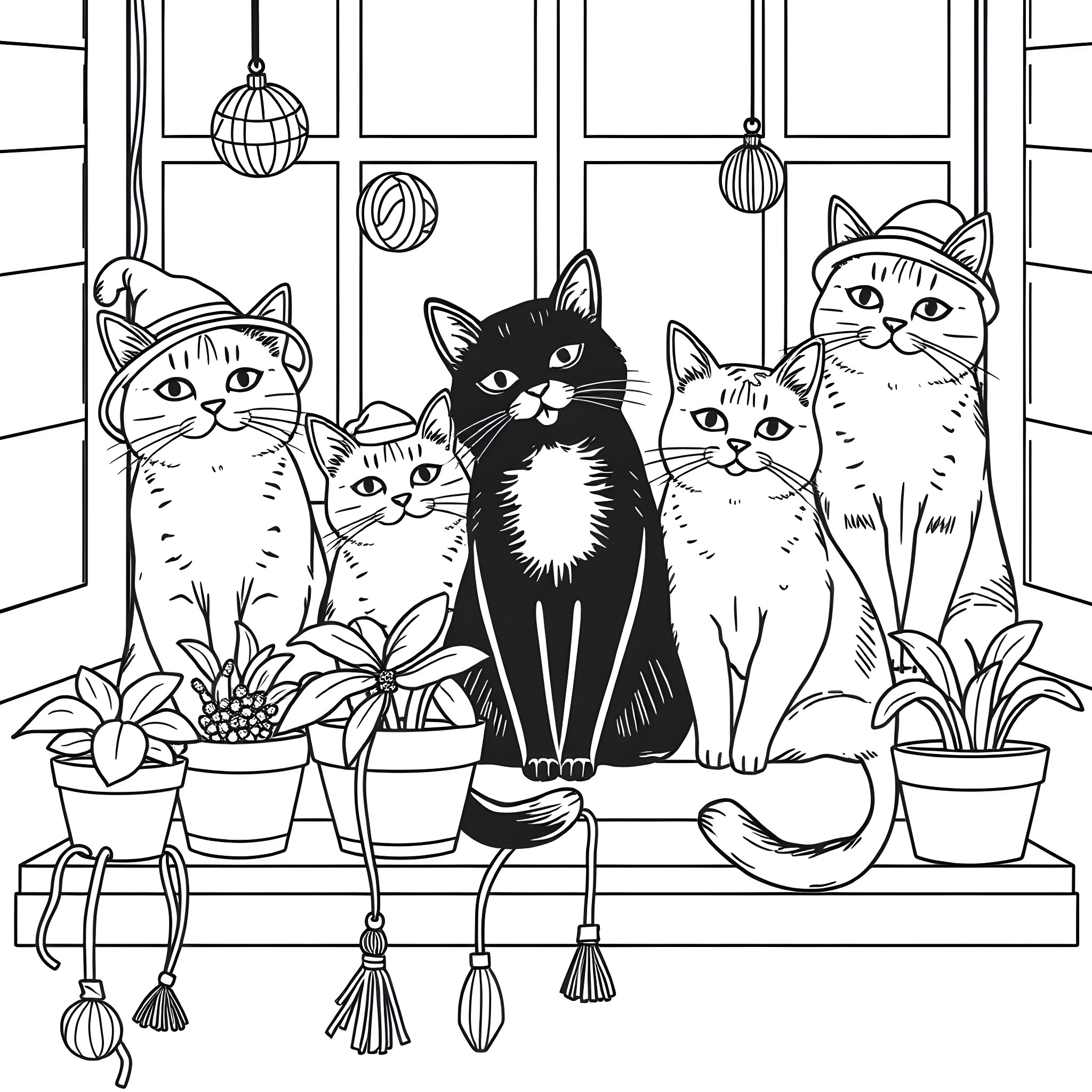 Cats Sitting Peacefully in a Cozy Room Coloring Page (free black-and-white line drawing printable PDF for all, from beginners to advanced learners, including children, teens, adults, and seniors)