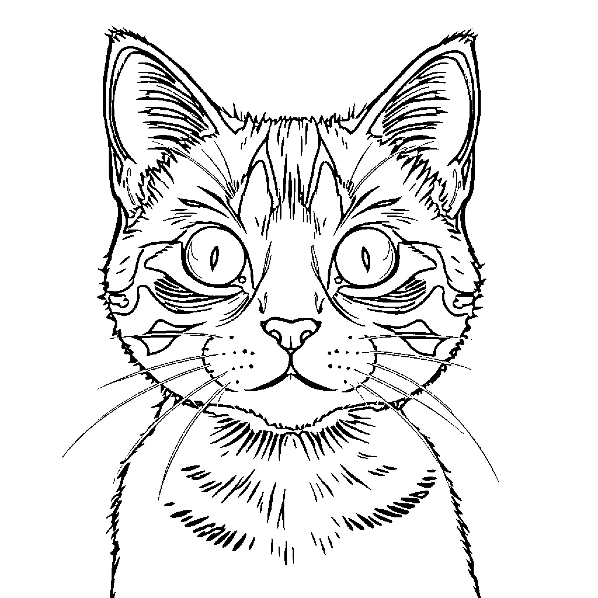 Cat's Eye Feline Expression Coloring Page (free black-and-white line drawing printable PDF for all, from beginners to advanced learners, including children, teens, adults, and seniors)