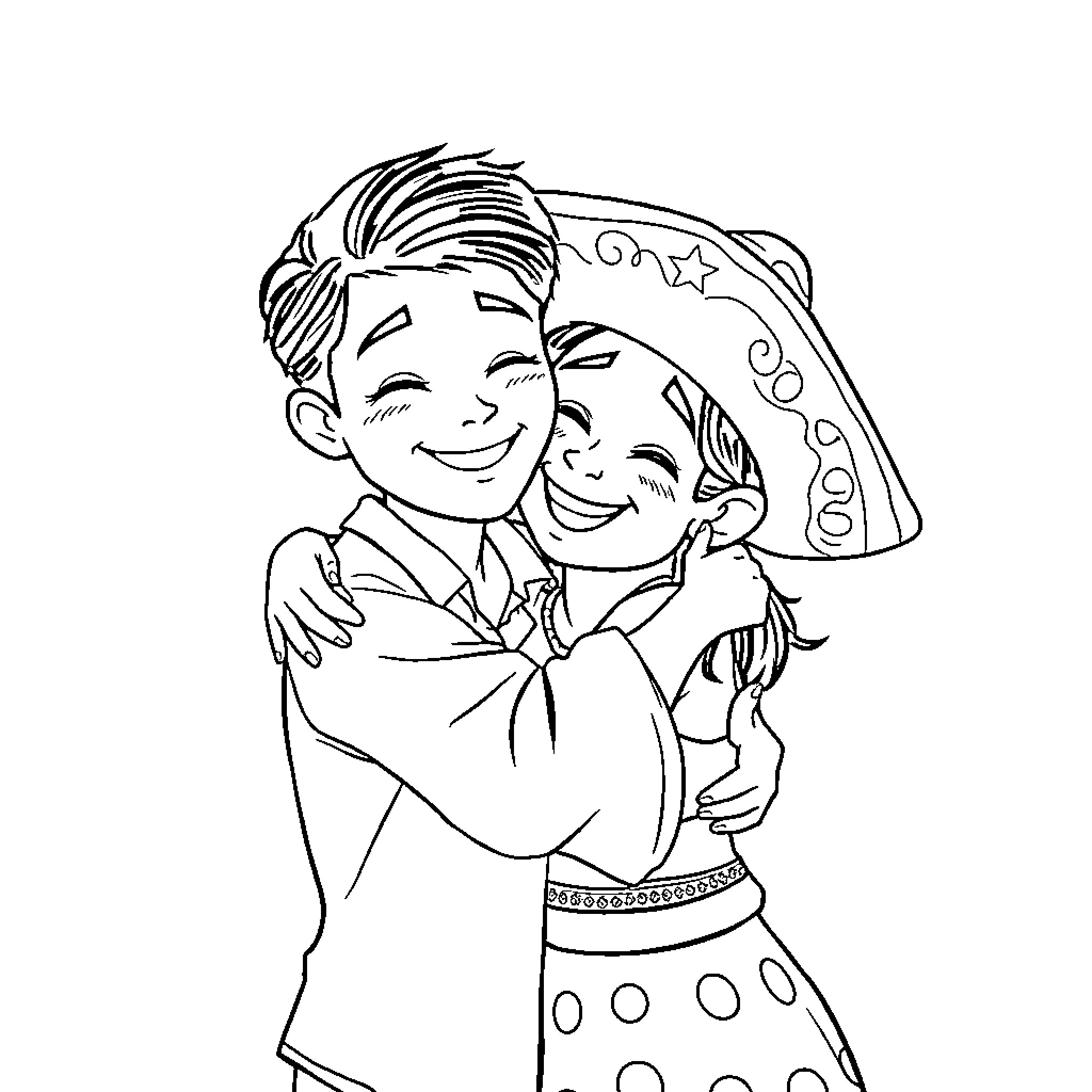 Hugging happy couple in traditional attire Coloring Page (free black-and-white line drawing printable PDF for all, from beginners to advanced learners, including children, teens, adults, and seniors)