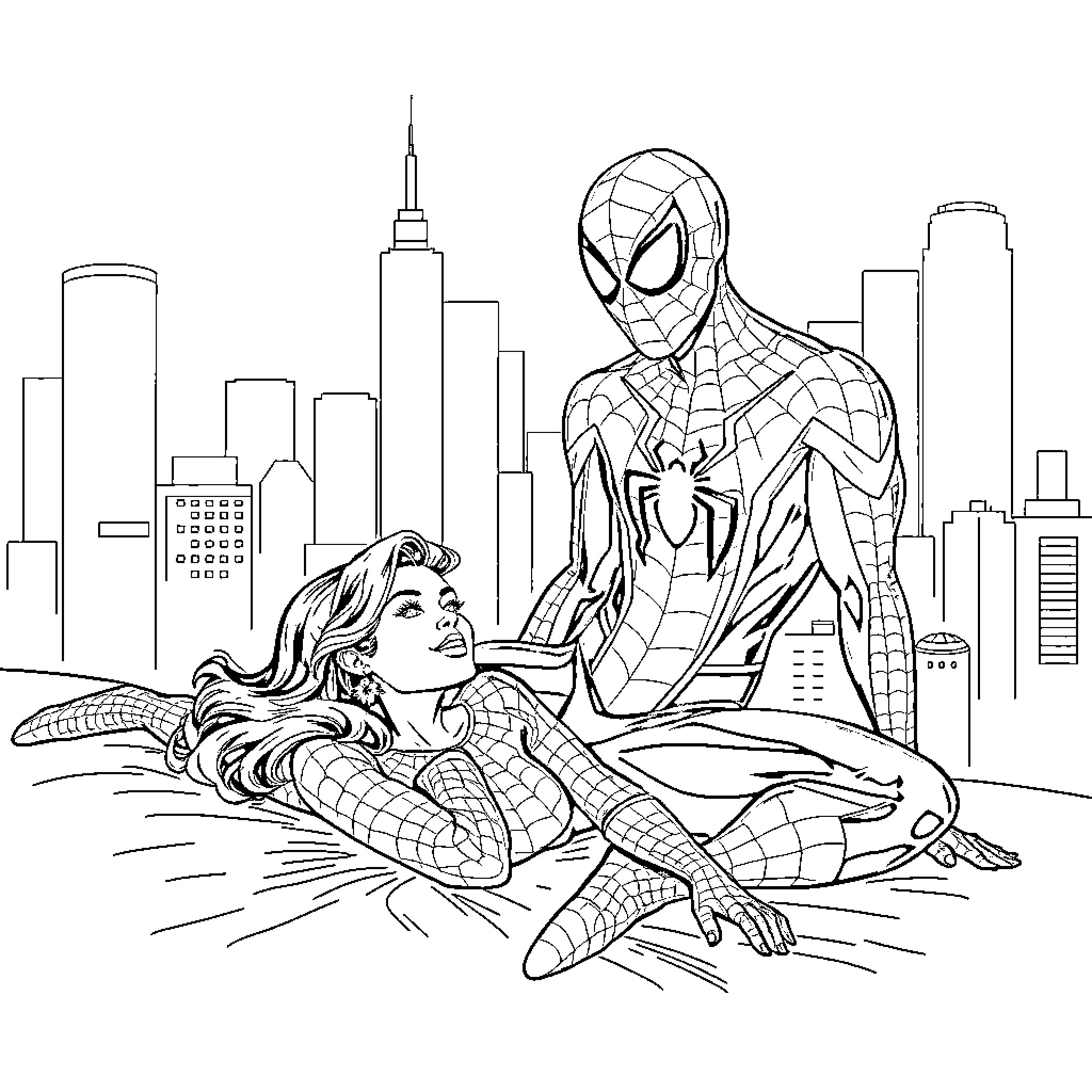 Mary Jane and Spider-Man enjoying the city skyline Coloring Page (free black-and-white line drawing printable PDF for all, from beginners to advanced learners, including children, teens, adults, and seniors)