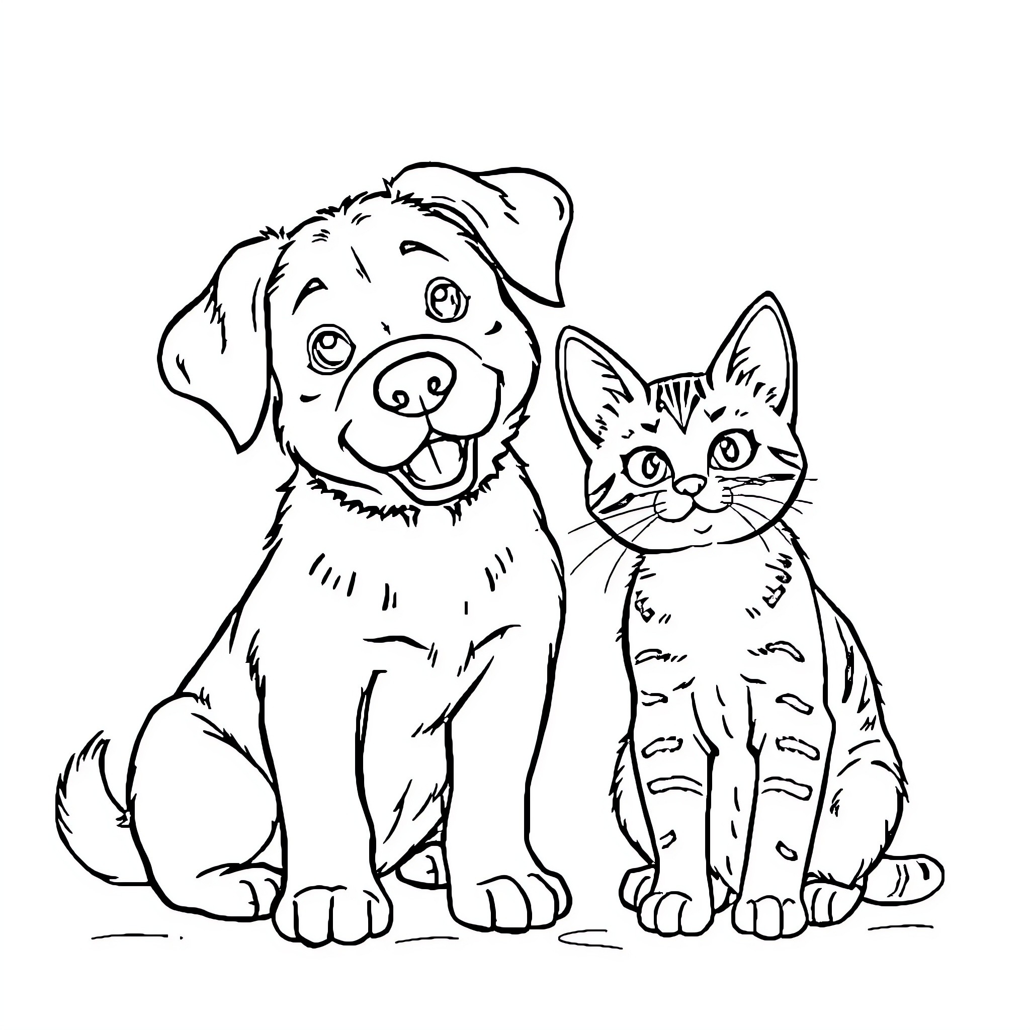 Dog and Cat Sitting Together Coloring Page (free black-and-white line drawing printable PDF for all, from beginners to advanced learners, including children, teens, adults, and seniors)