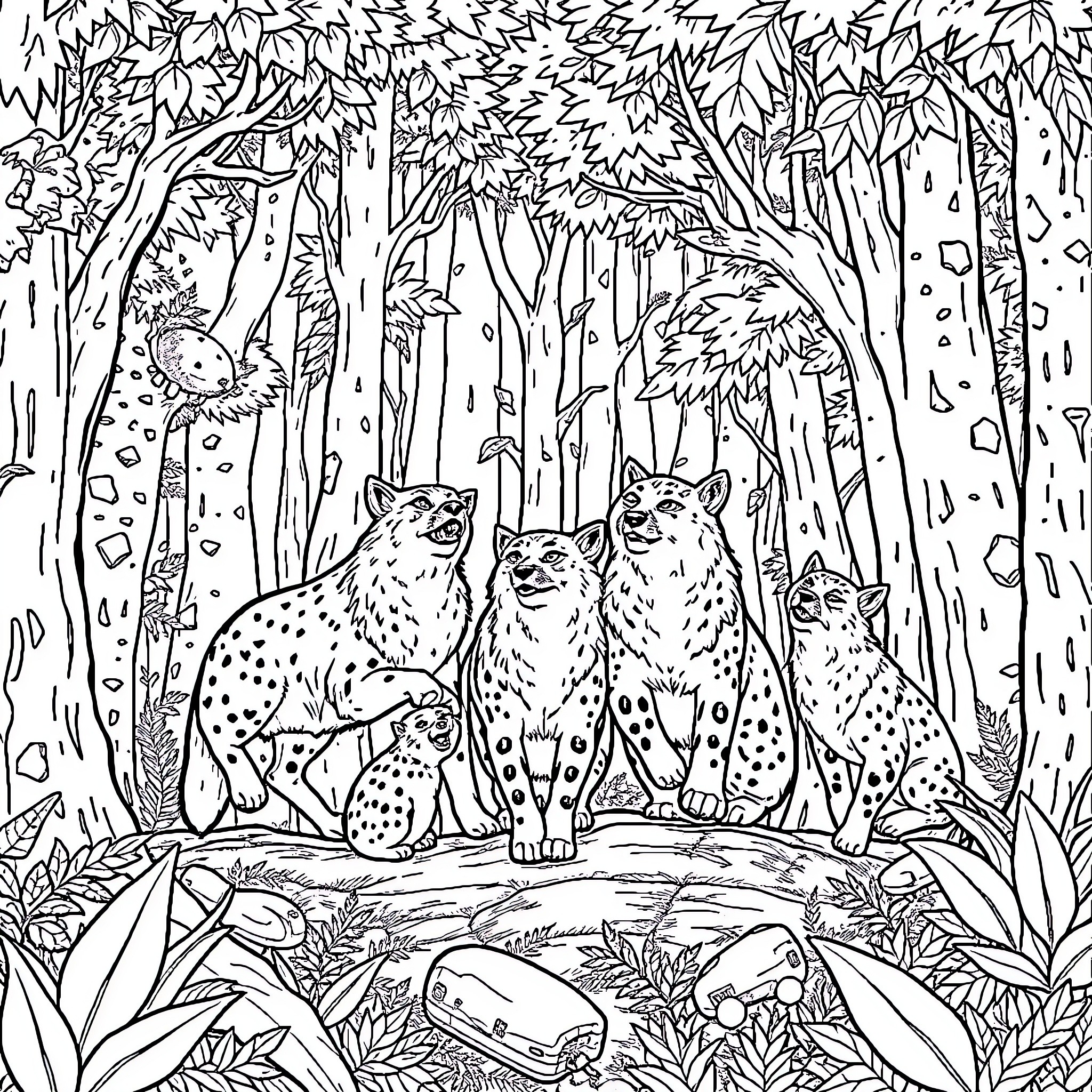 Wolf Family Explores the Enchanted Forest Coloring Page (free black-and-white line drawing printable PDF for all, from beginners to advanced learners, including children, teens, adults, and seniors)