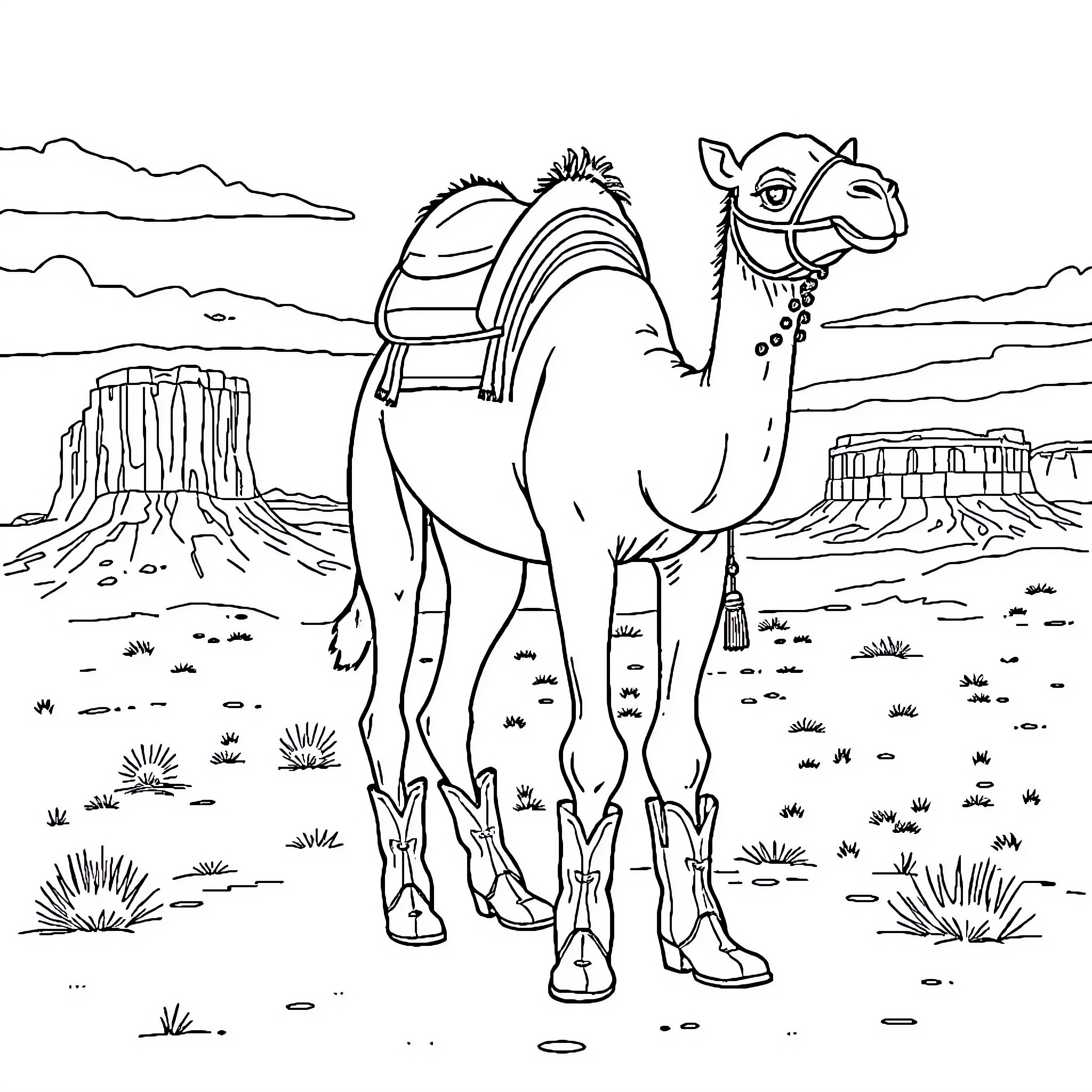 Camel trekking through the desert landscape Coloring Page (free black-and-white line drawing printable PDF for all, from beginners to advanced learners, including children, teens, adults, and seniors)