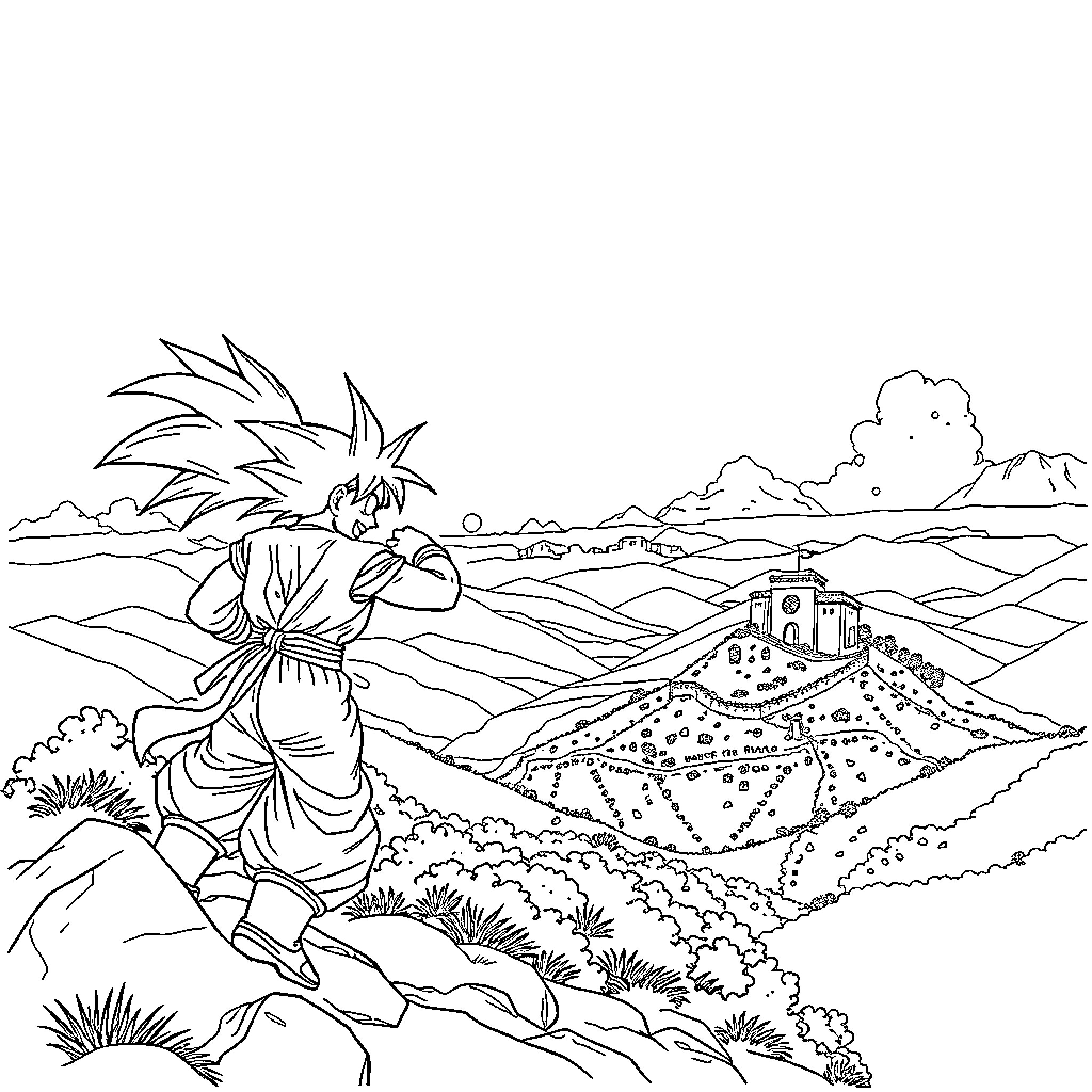 Goku's Determined Journey Through the Scenic Landscape Coloring Page (free black-and-white line drawing printable PDF for all, from beginners to advanced learners, including children, teens, adults, and seniors)