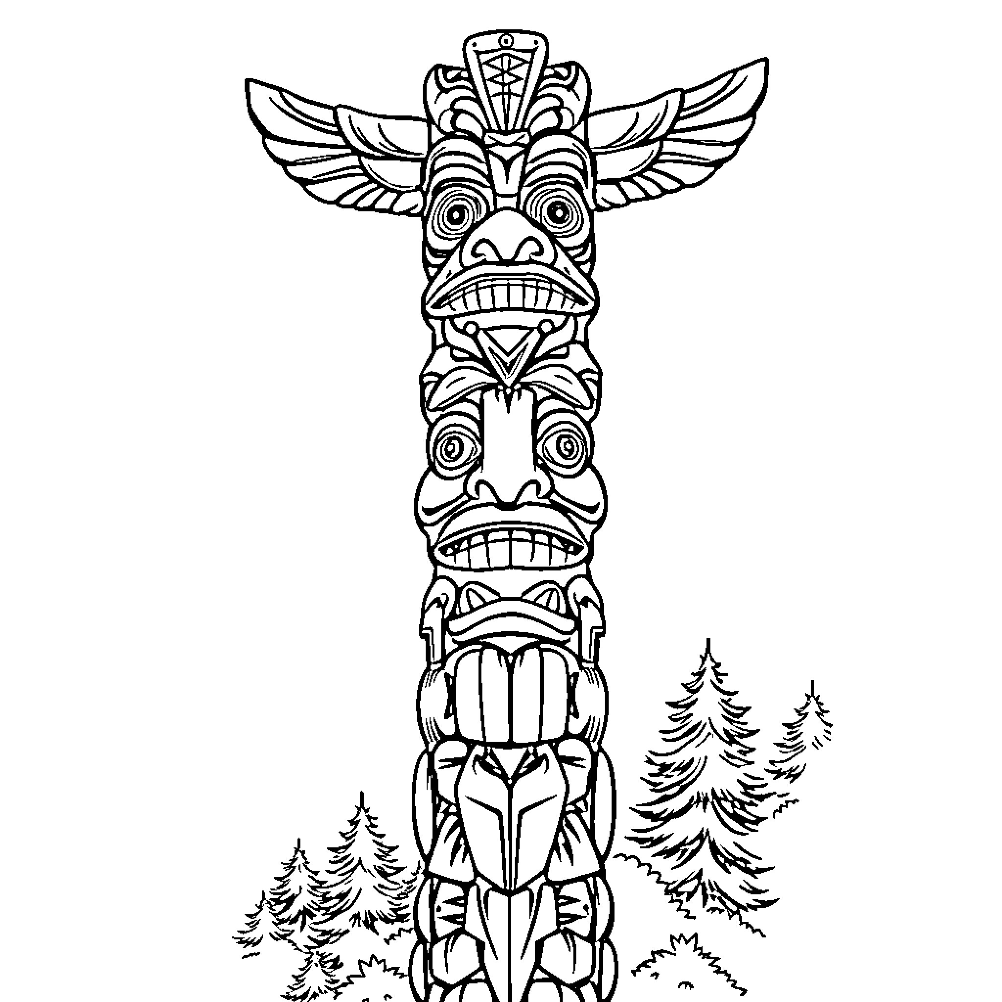 Totem Pole with Intricate Carvings and Wilderness Scenery Coloring Page (free black-and-white line drawing printable PDF for all, from beginners to advanced learners, including children, teens, adults, and seniors)