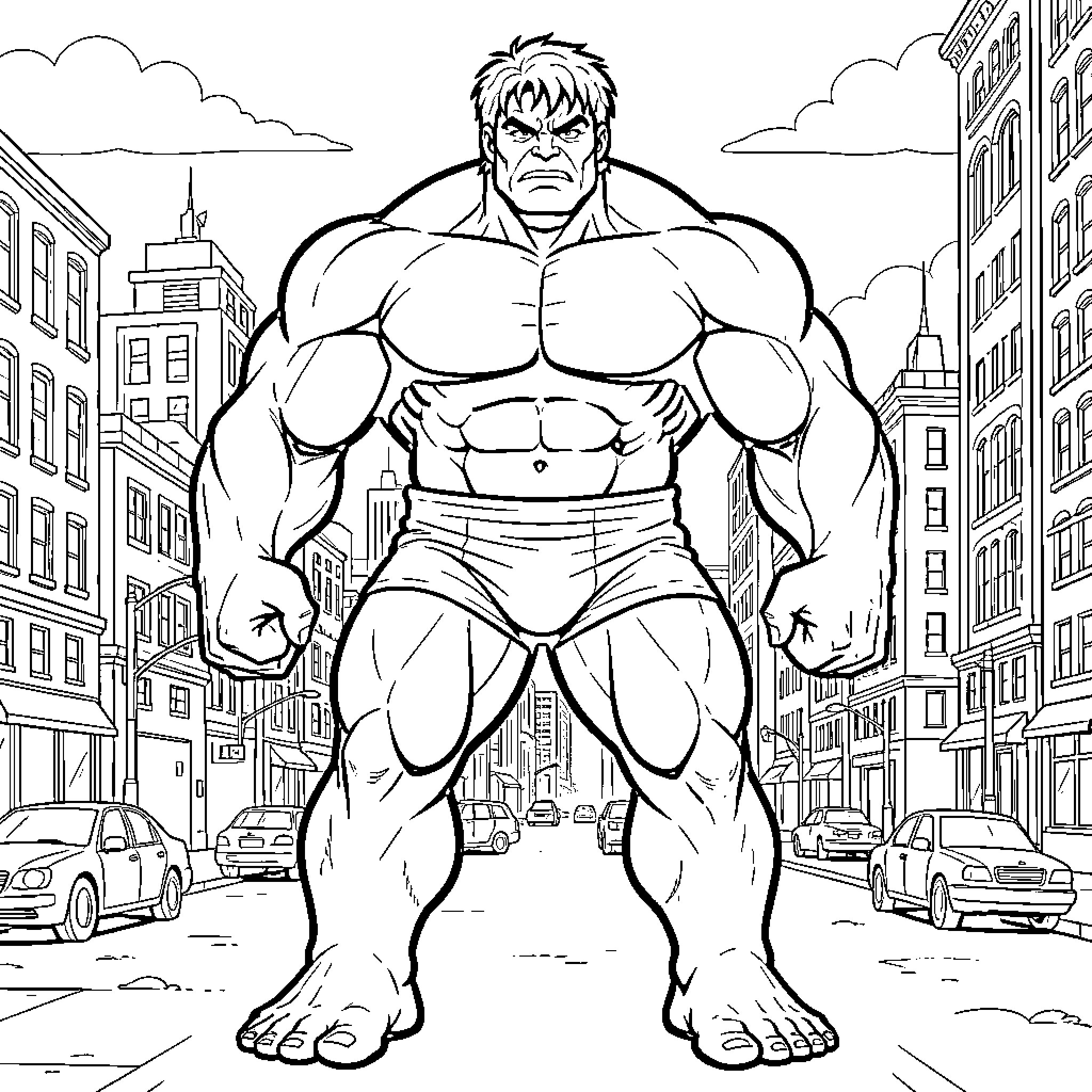 Hulk Unleashes His Mighty Strength in the City Coloring Page (free black-and-white line drawing printable PDF for all, from beginners to advanced learners, including children, teens, adults, and seniors)